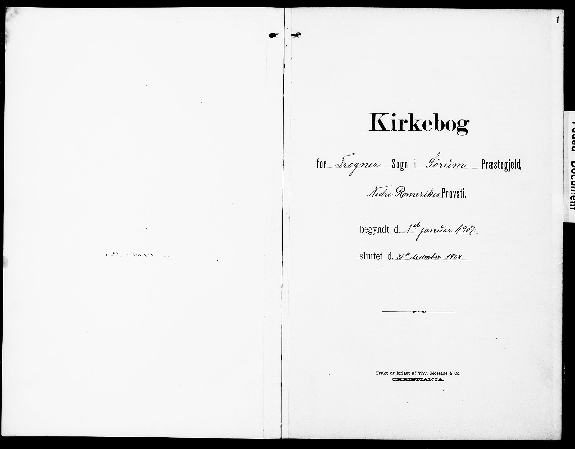 Sørum prestekontor Kirkebøker, SAO/A-10303/G/Gb/L0001: Parish register (copy) no. II 1, 1907-1929, p. 1