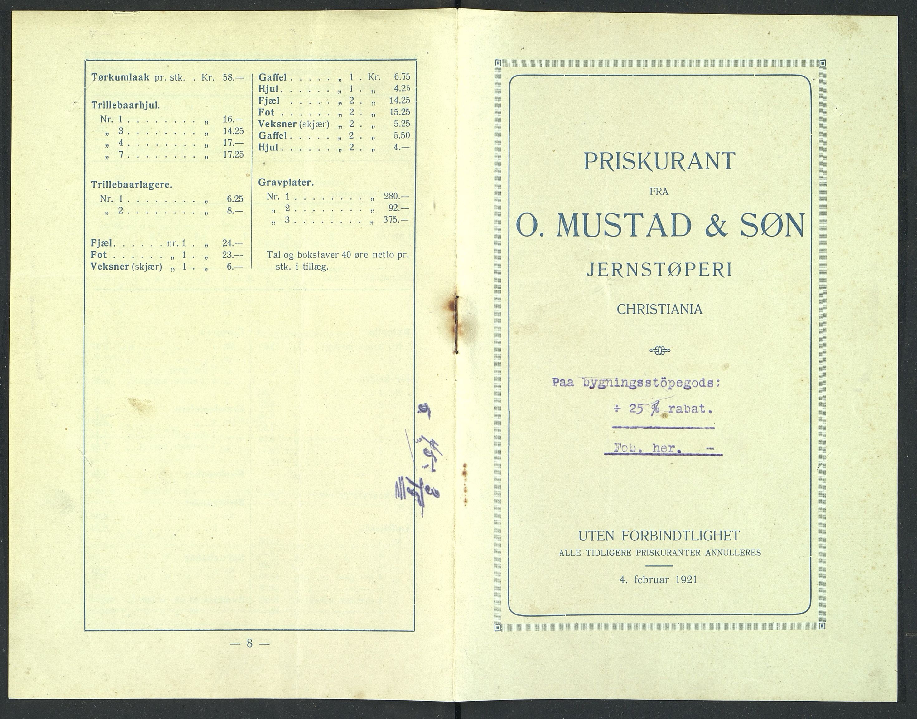 Næs Jernverksmuseets samling av historiske ovnskataloger, NESJ/NJM-006/01/L0015: O. Mustad & Søn Jernstøperi Christiania, 1921