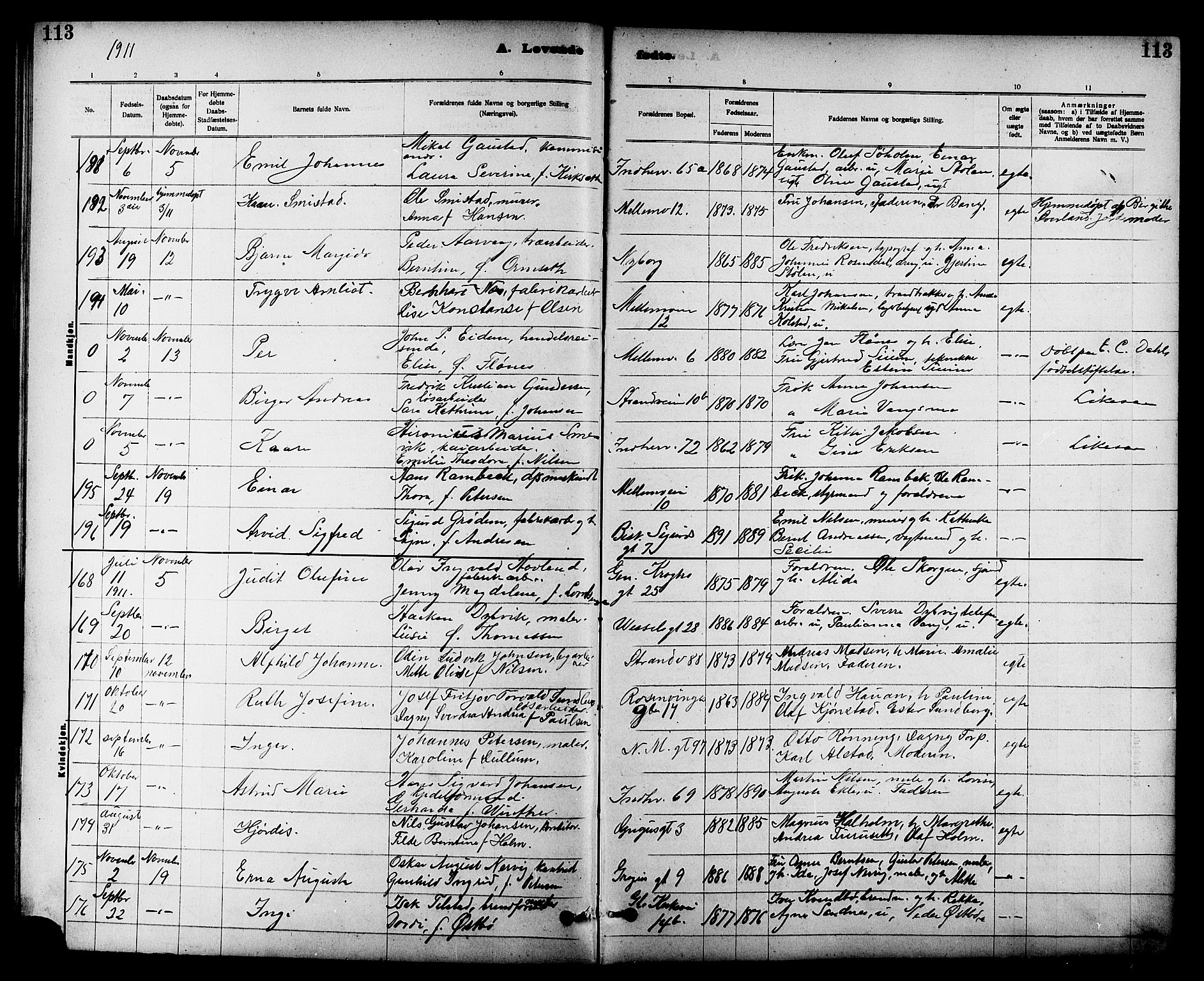 Ministerialprotokoller, klokkerbøker og fødselsregistre - Sør-Trøndelag, AV/SAT-A-1456/605/L0254: Parish register (copy) no. 605C01, 1908-1916, p. 113