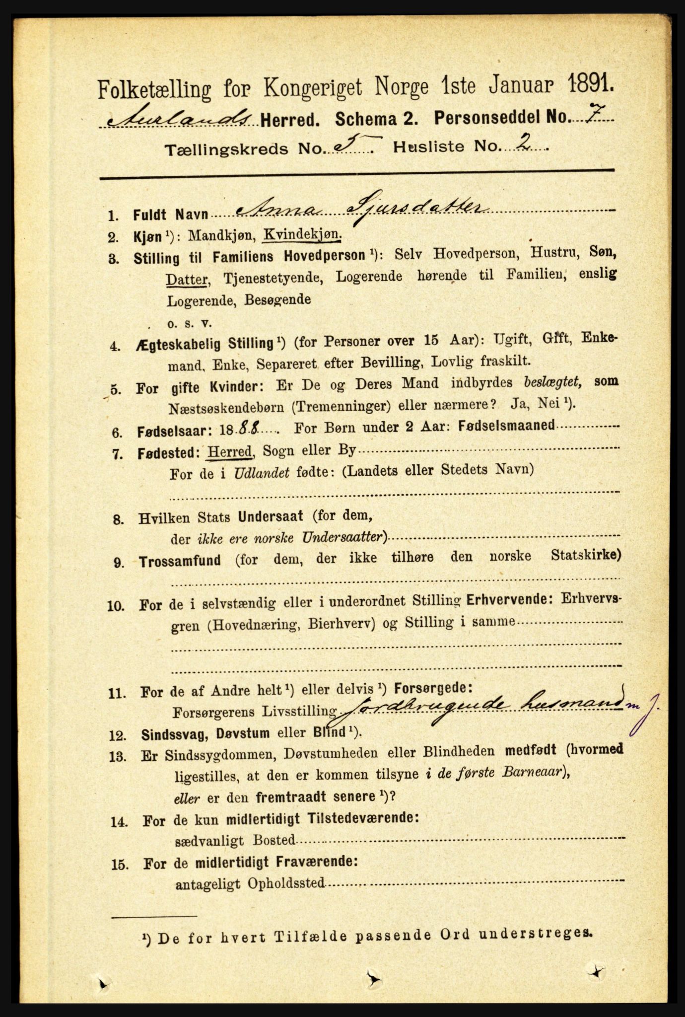 RA, 1891 census for 1421 Aurland, 1891, p. 1797