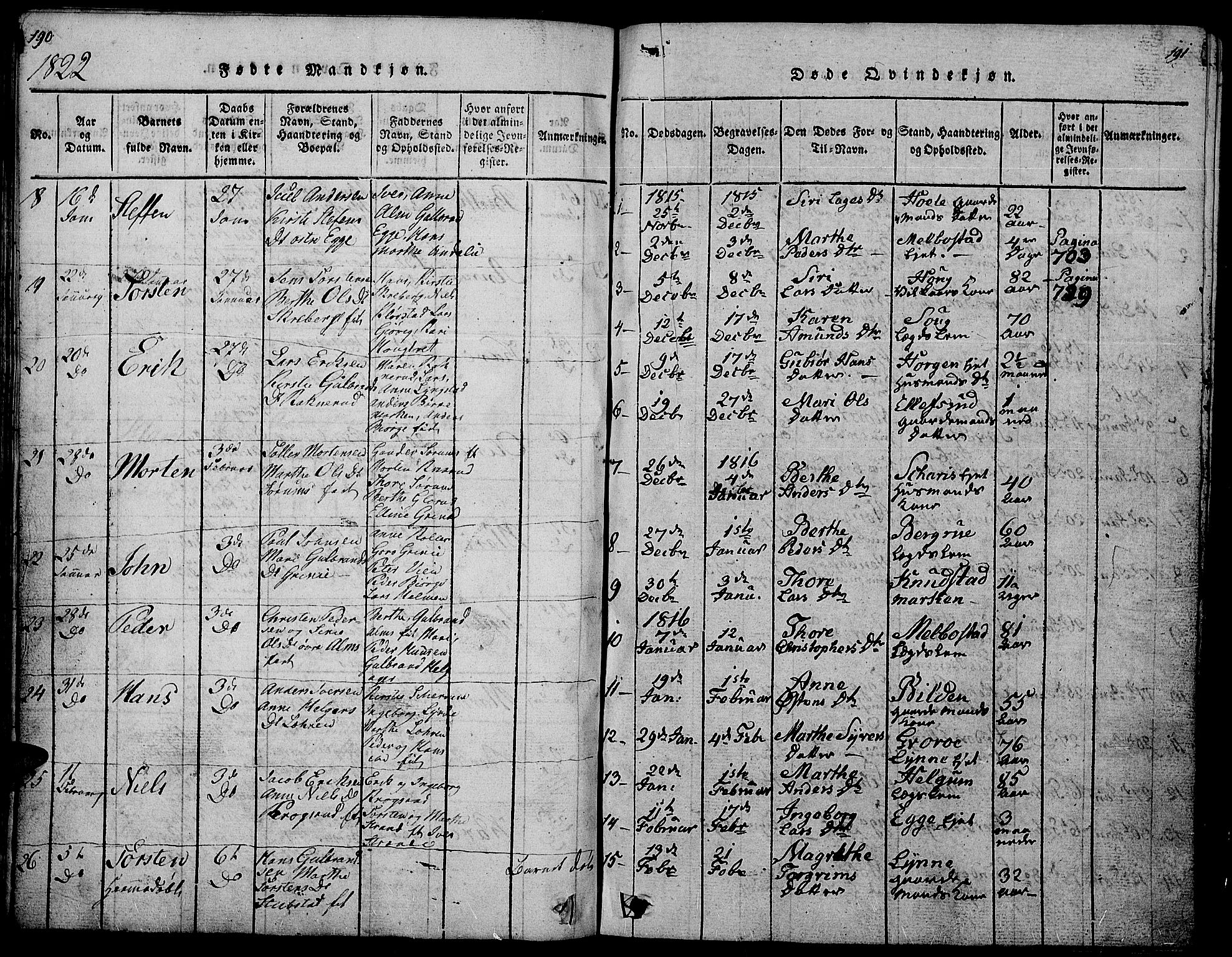 Gran prestekontor, SAH/PREST-112/H/Ha/Hab/L0001: Parish register (copy) no. 1, 1815-1824, p. 190-191