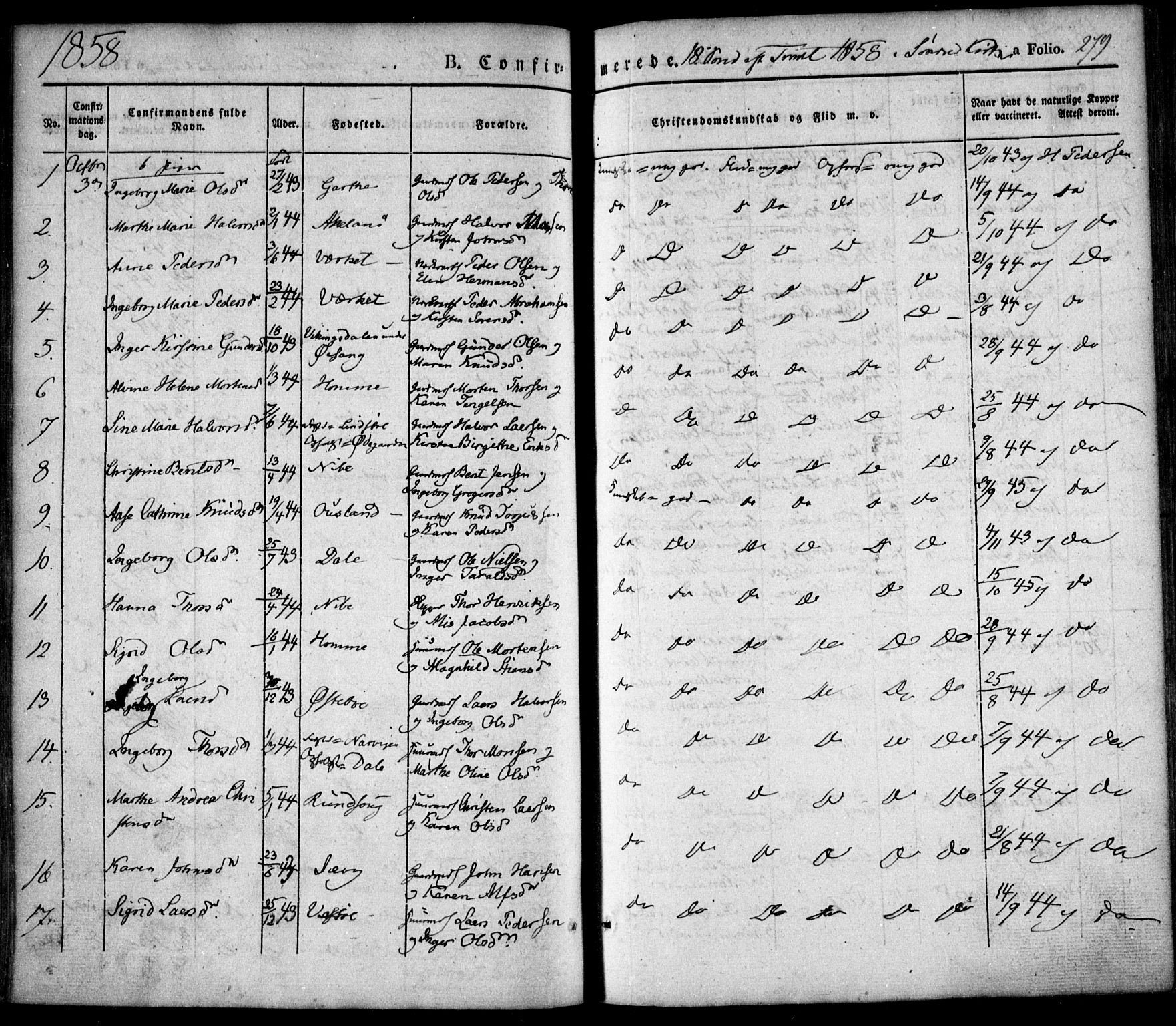 Søndeled sokneprestkontor, AV/SAK-1111-0038/F/Fa/L0002: Parish register (official) no. A 2, 1839-1860, p. 279