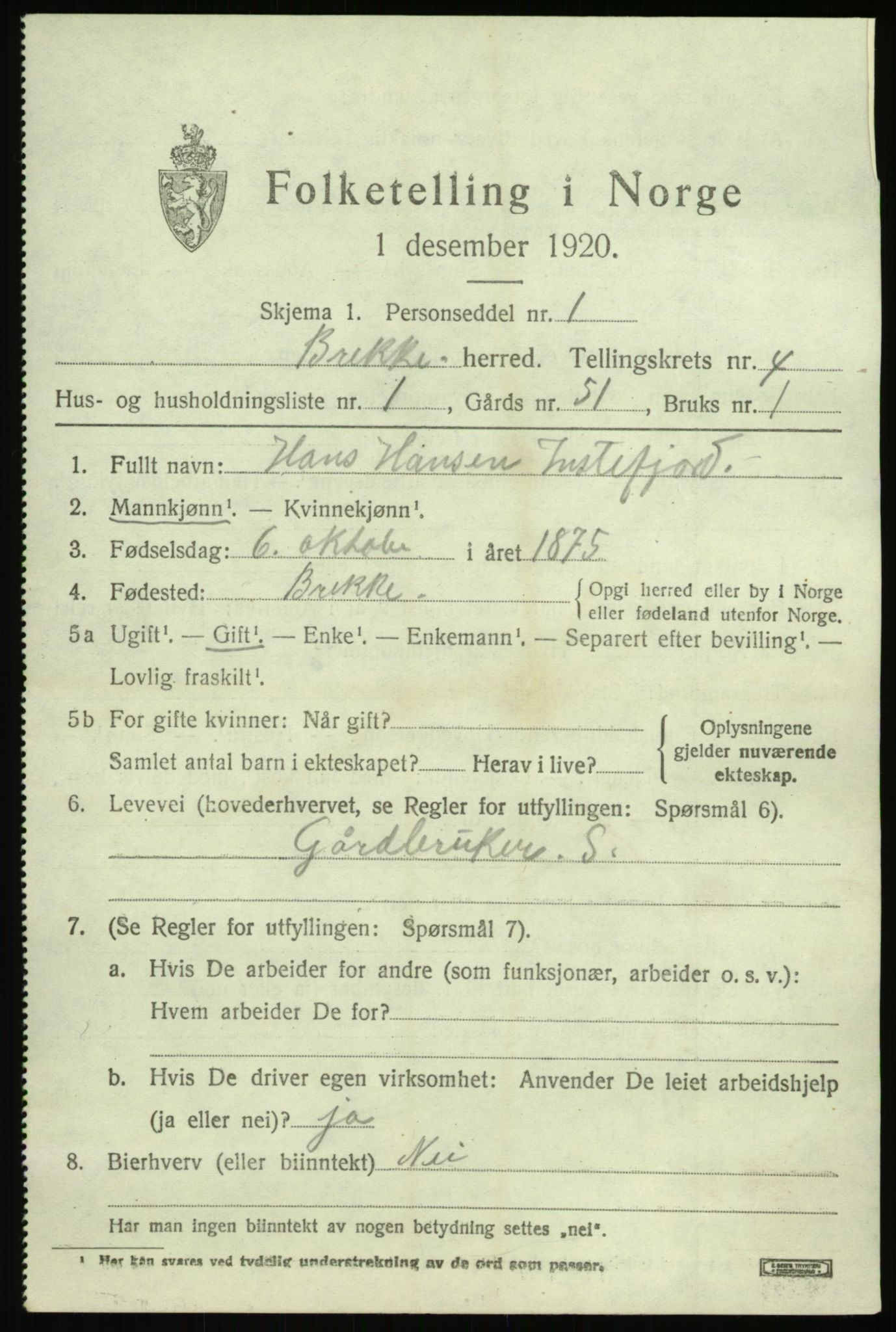 SAB, 1920 census for Brekke, 1920, p. 910