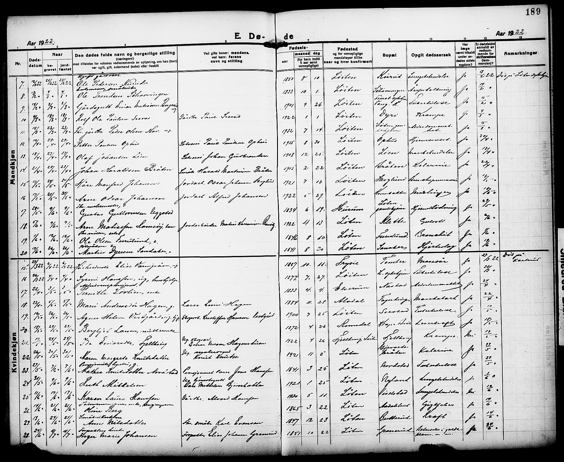 Løten prestekontor, AV/SAH-PREST-022/L/La/L0008: Parish register (copy) no. 8, 1920-1929, p. 189