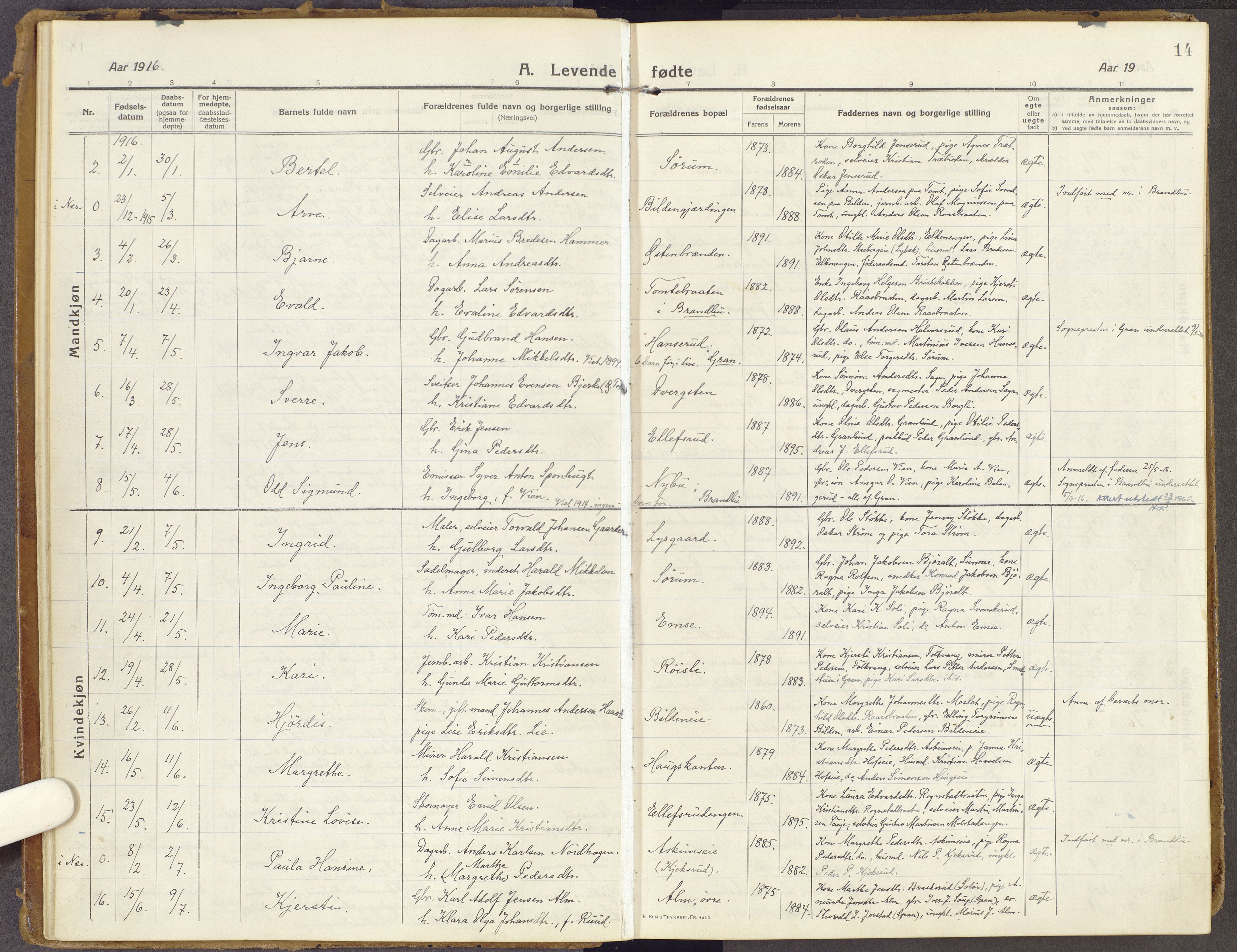 Brandbu prestekontor, SAH/PREST-114/H/Ha/Haa/L0003: Parish register (official) no. 3, 1914-1928, p. 14