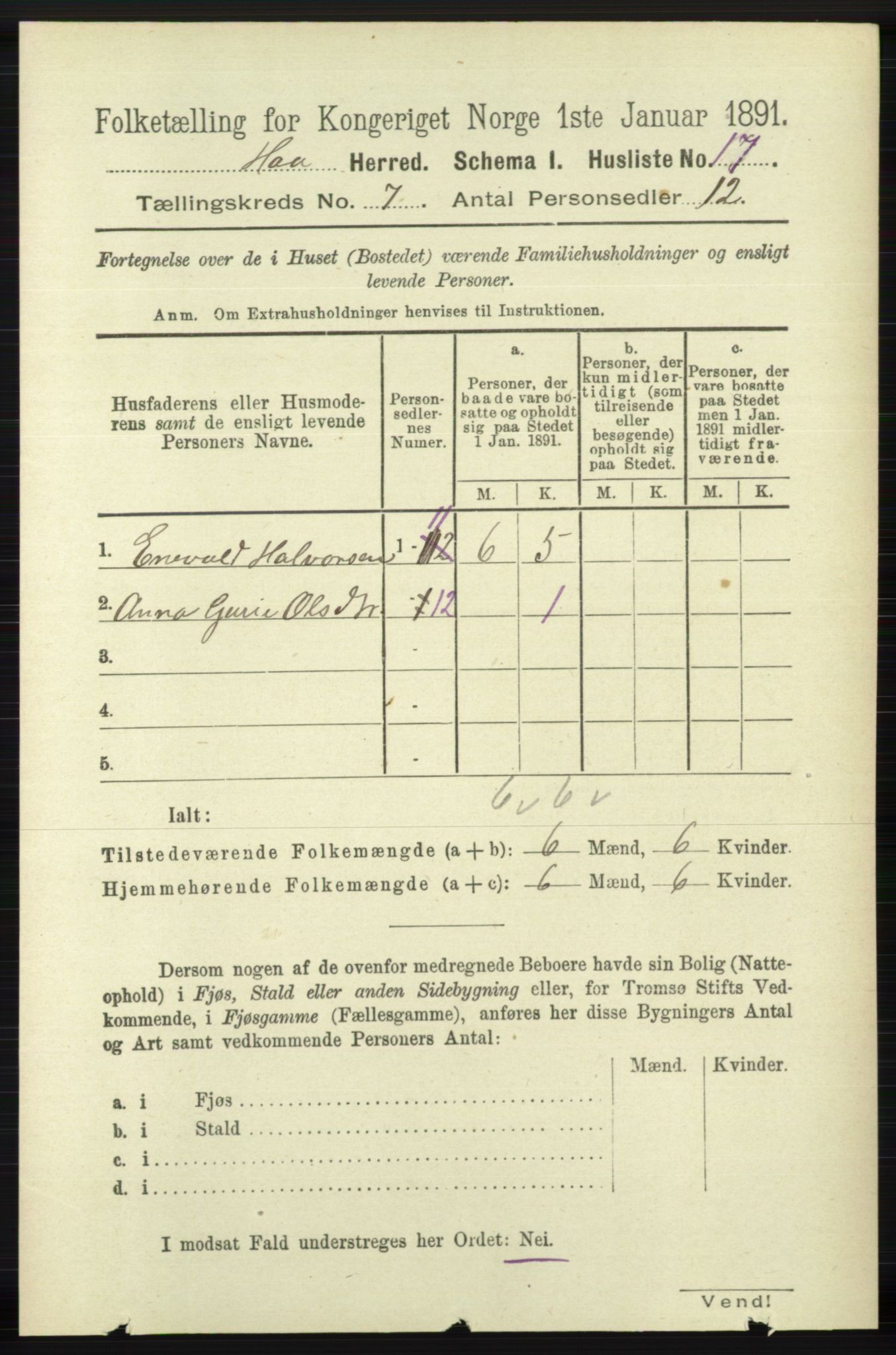 RA, 1891 census for 1119 Hå, 1891, p. 1908