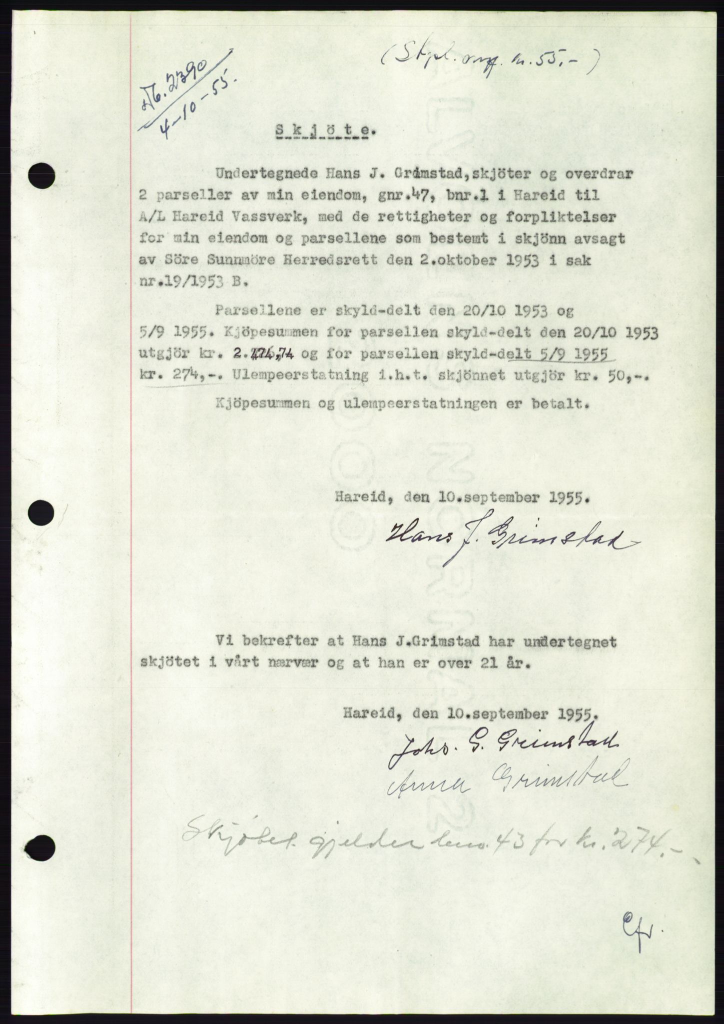 Søre Sunnmøre sorenskriveri, AV/SAT-A-4122/1/2/2C/L0102: Mortgage book no. 28A, 1955-1956, Diary no: : 2390/1955