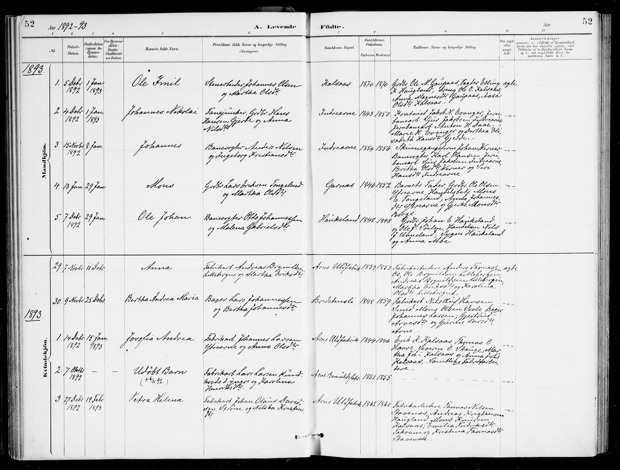 Haus sokneprestembete, SAB/A-75601/H/Haa/Haad/L0001: Parish register (official) no. D 1, 1887-1898, p. 52