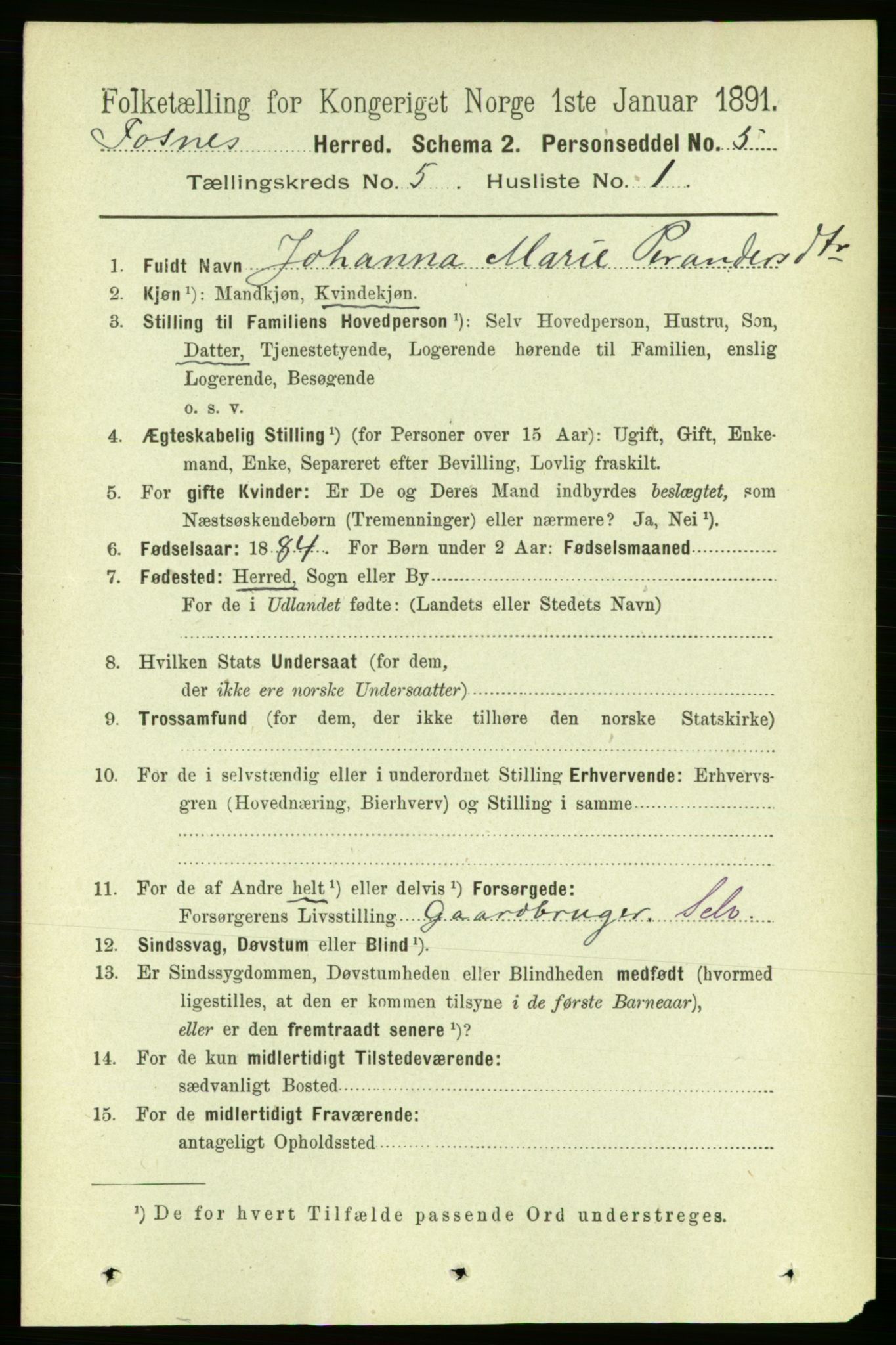 RA, 1891 census for 1748 Fosnes, 1891, p. 1999