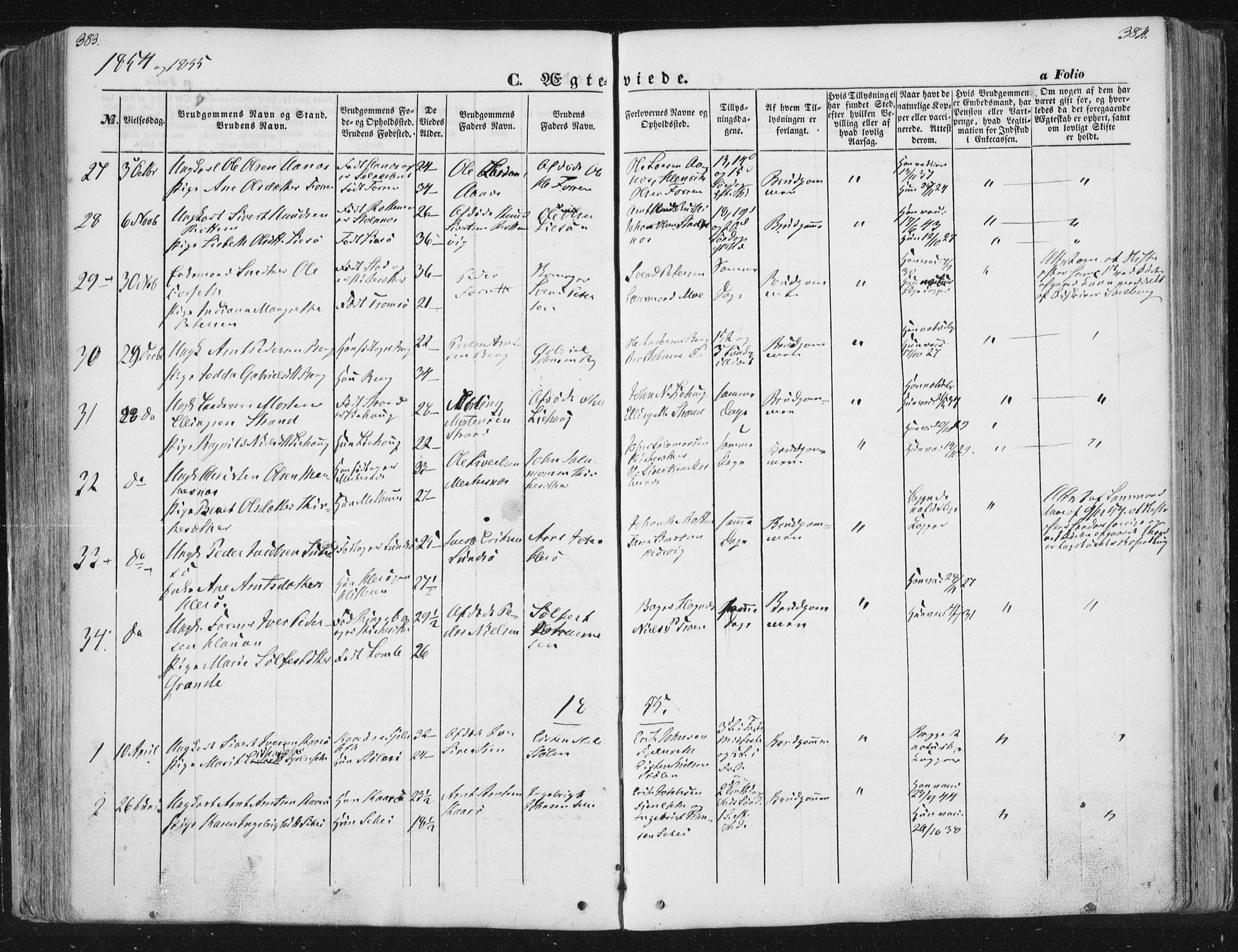 Ministerialprotokoller, klokkerbøker og fødselsregistre - Sør-Trøndelag, SAT/A-1456/630/L0494: Parish register (official) no. 630A07, 1852-1868, p. 383-384
