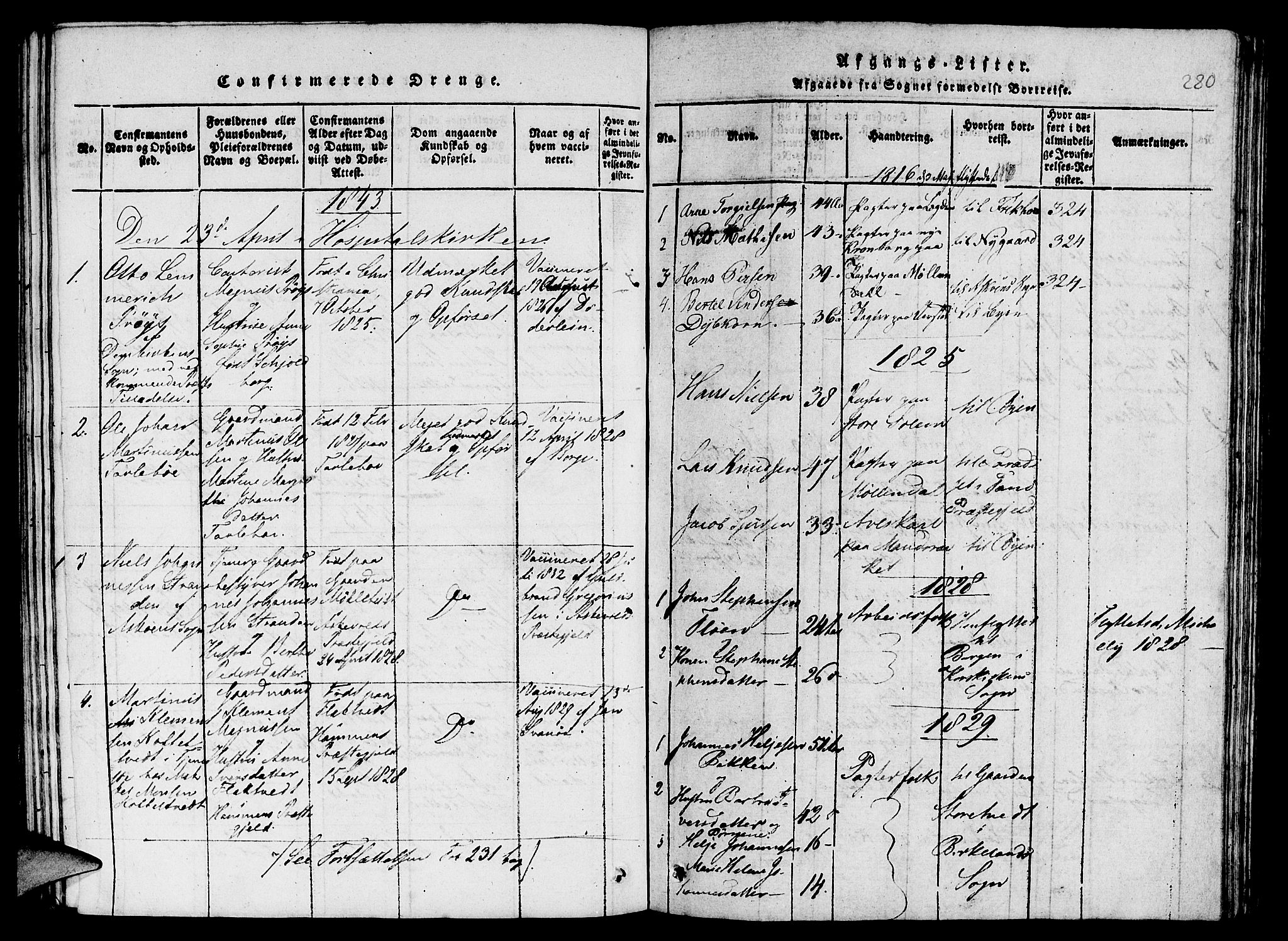 St. Jørgens hospital og Årstad sokneprestembete, AV/SAB-A-99934: Parish register (copy) no. A 1, 1816-1843, p. 280