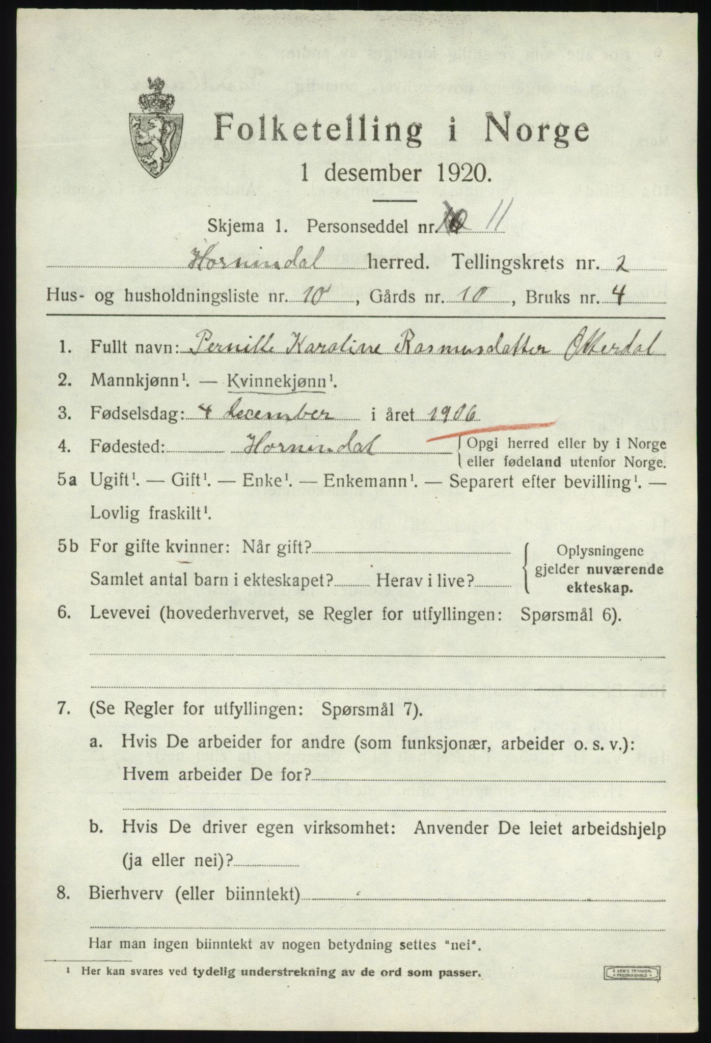 SAB, 1920 census for Hornindal, 1920, p. 1076