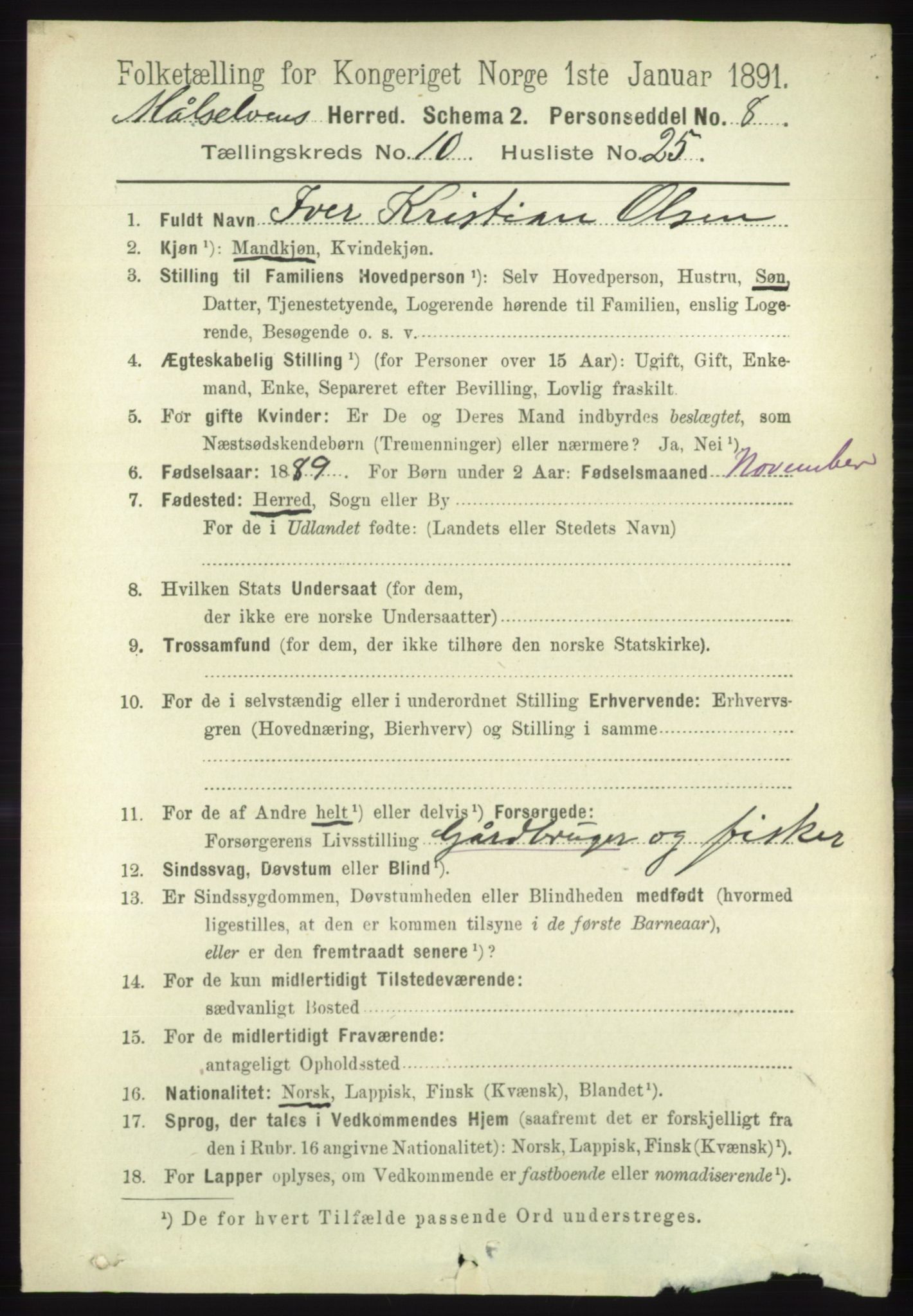 RA, 1891 census for 1924 Målselv, 1891, p. 3190