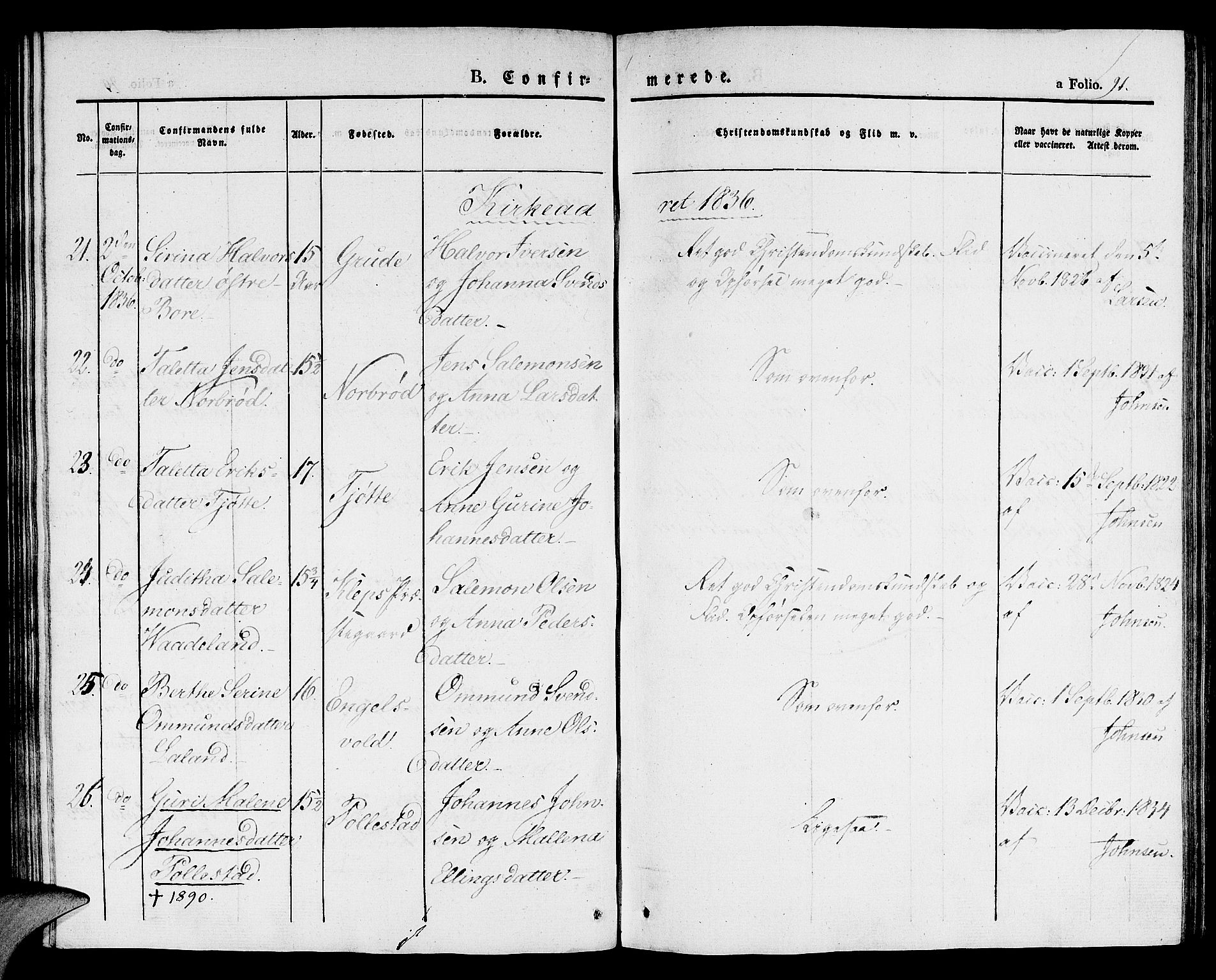 Klepp sokneprestkontor, SAST/A-101803/001/3/30BA/L0003: Parish register (official) no. A 3, 1833-1842, p. 91