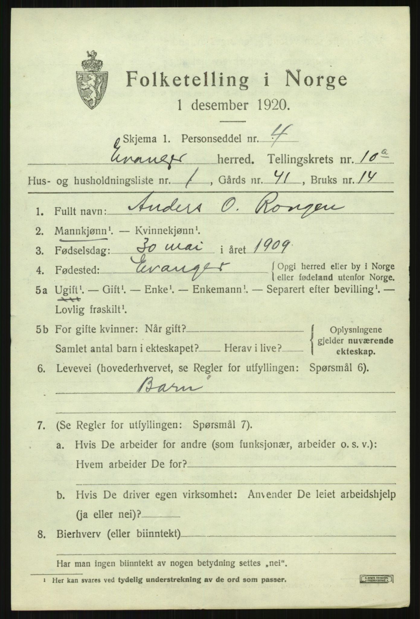 SAB, 1920 census for Evanger, 1920, p. 3029