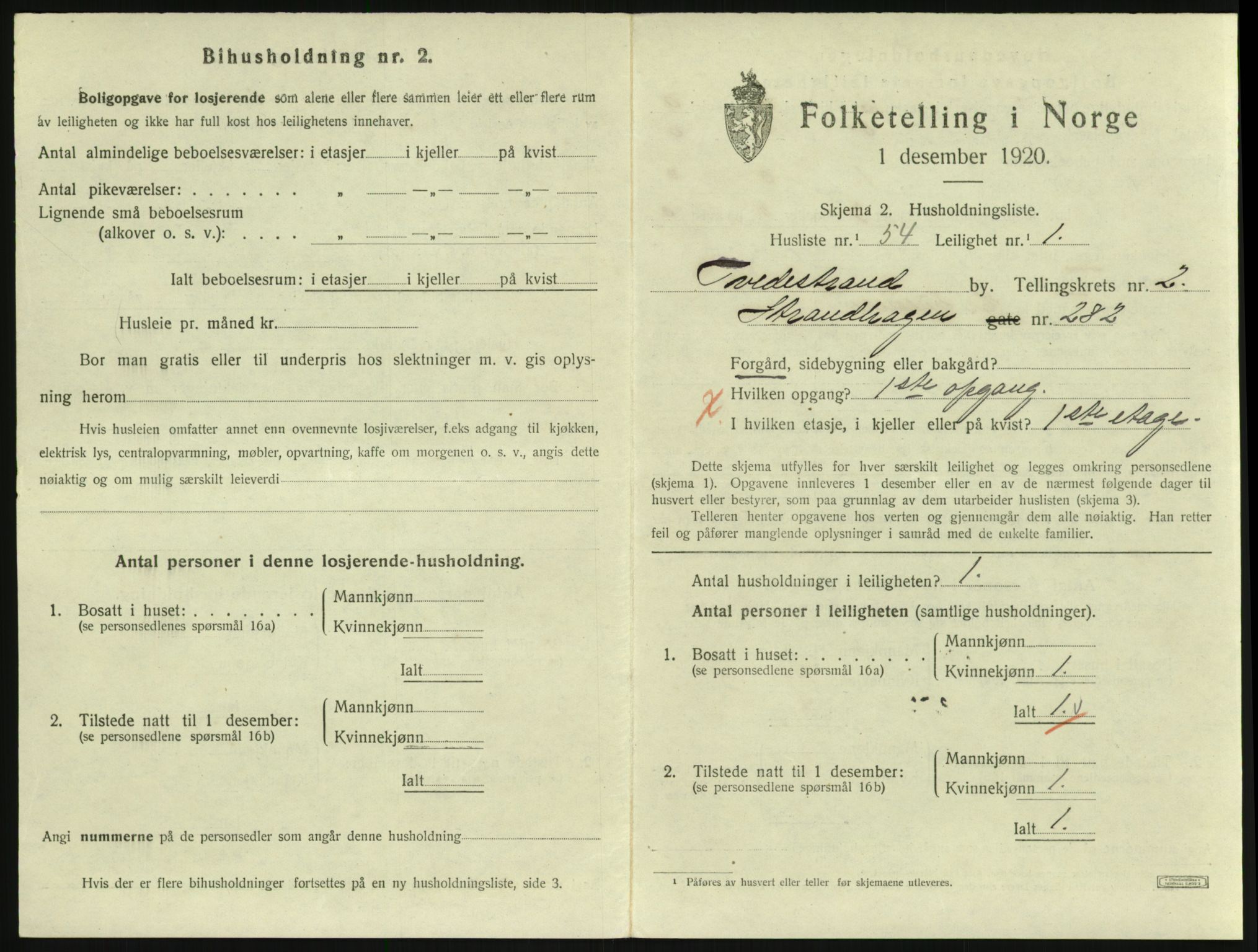 SAK, 1920 census for Tvedestrand, 1920, p. 1085