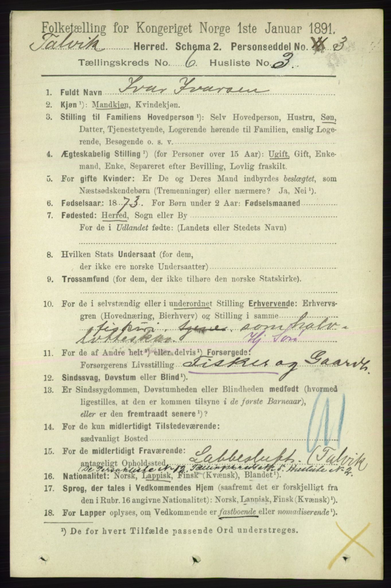 RA, 1891 census for 2013 Talvik, 1891, p. 1625