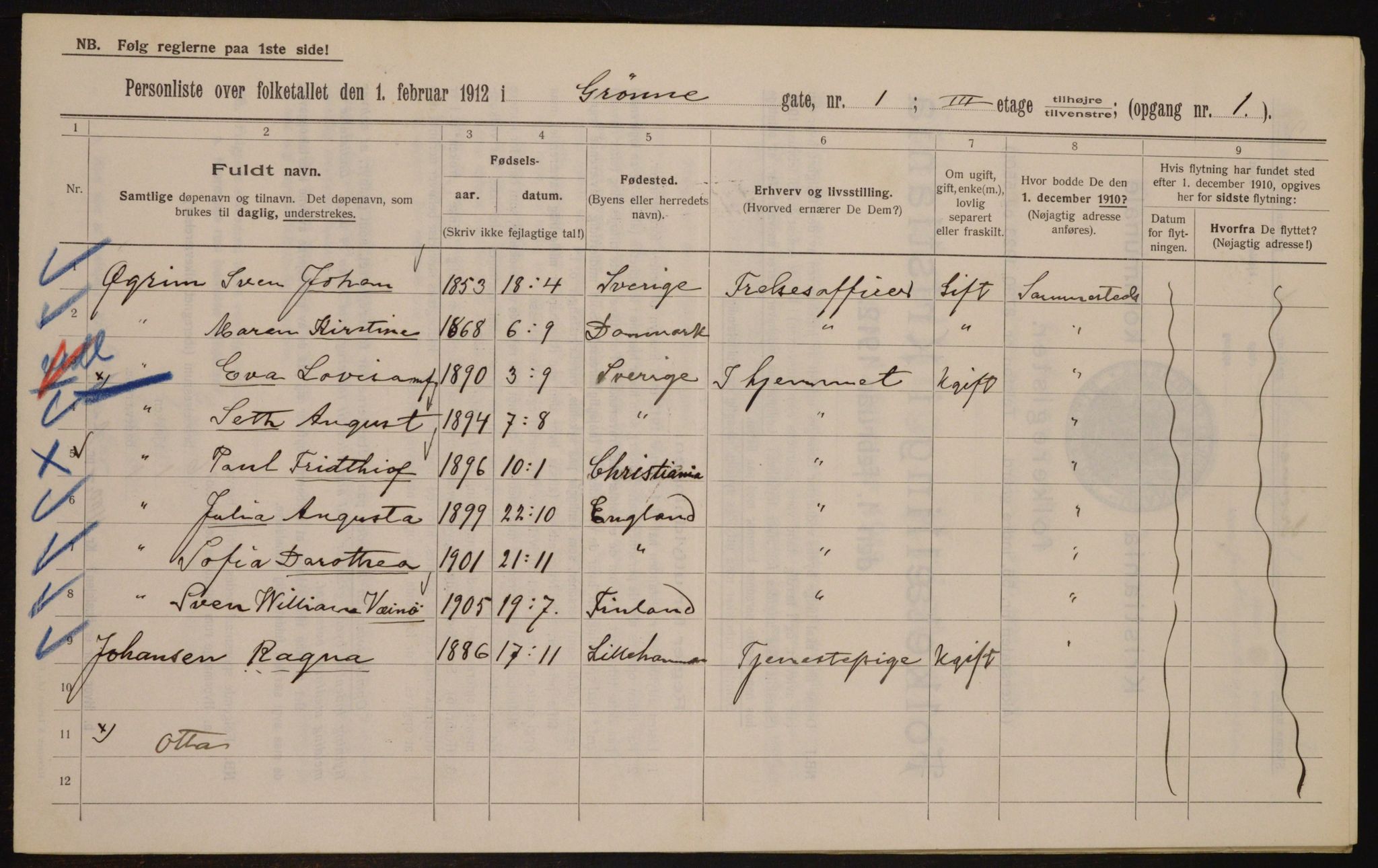 OBA, Municipal Census 1912 for Kristiania, 1912, p. 32116