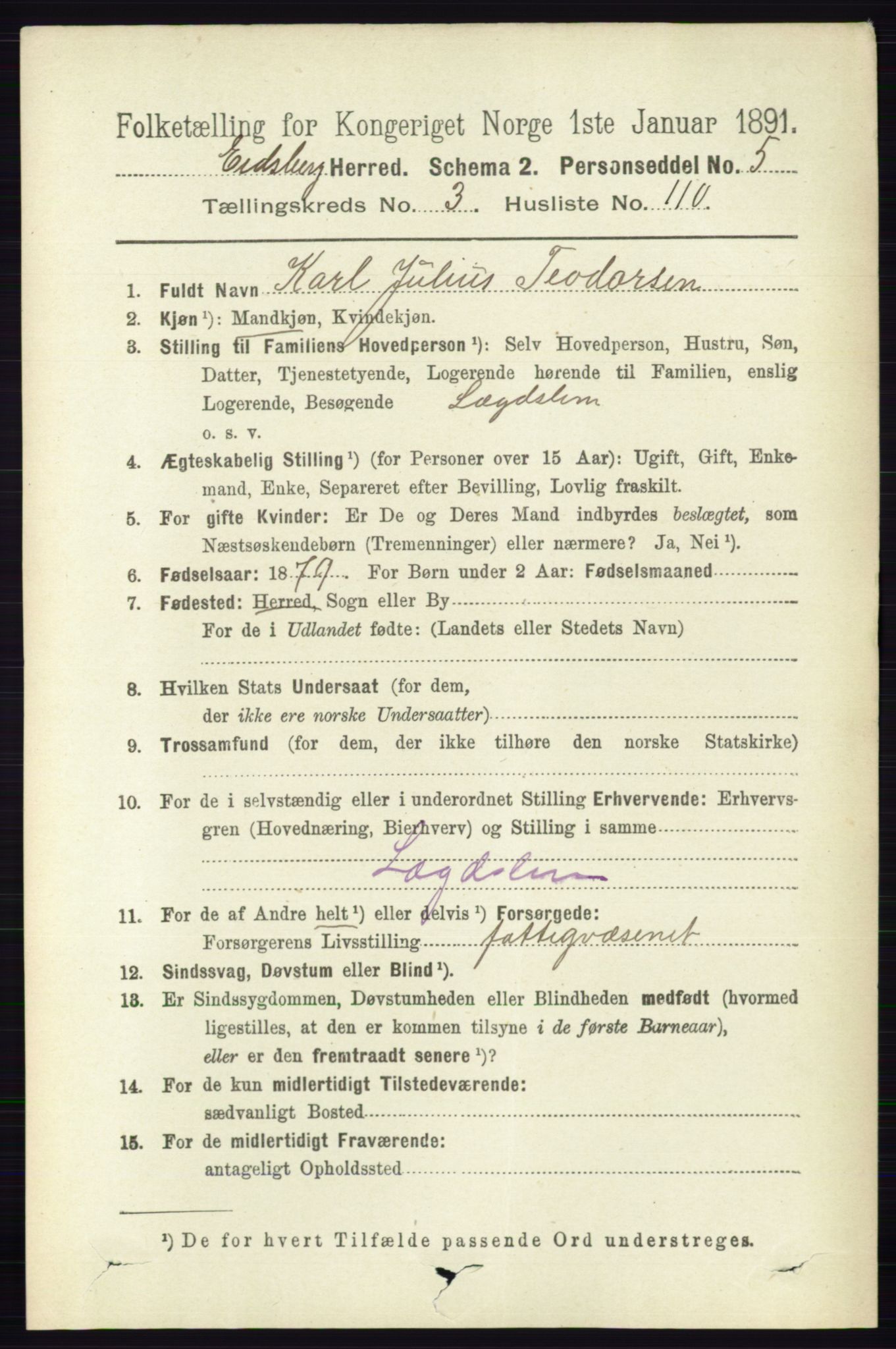 RA, 1891 census for 0125 Eidsberg, 1891, p. 2265