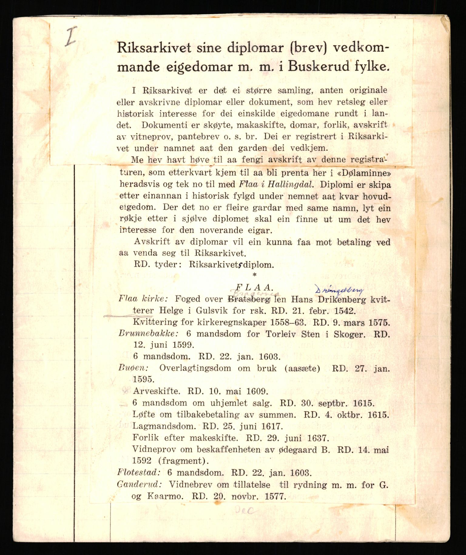 Riksarkivets diplomsamling, AV/RA-EA-5965/F35/F35e/L0012: Registreringssedler Buskerud 1, 1400-1700, p. 5