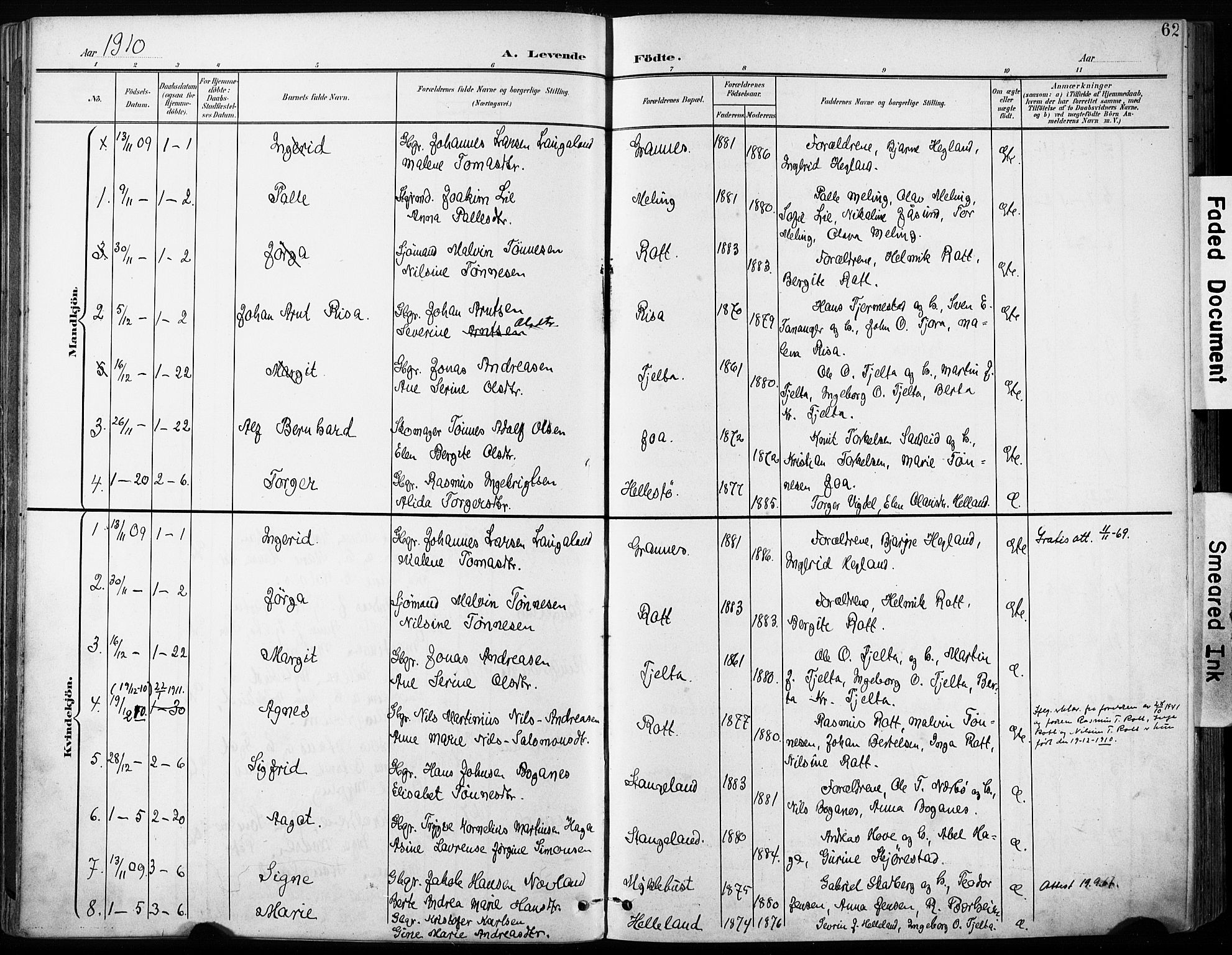 Håland sokneprestkontor, SAST/A-101802/001/30BA/L0013: Parish register (official) no. A 12, 1901-1913, p. 62