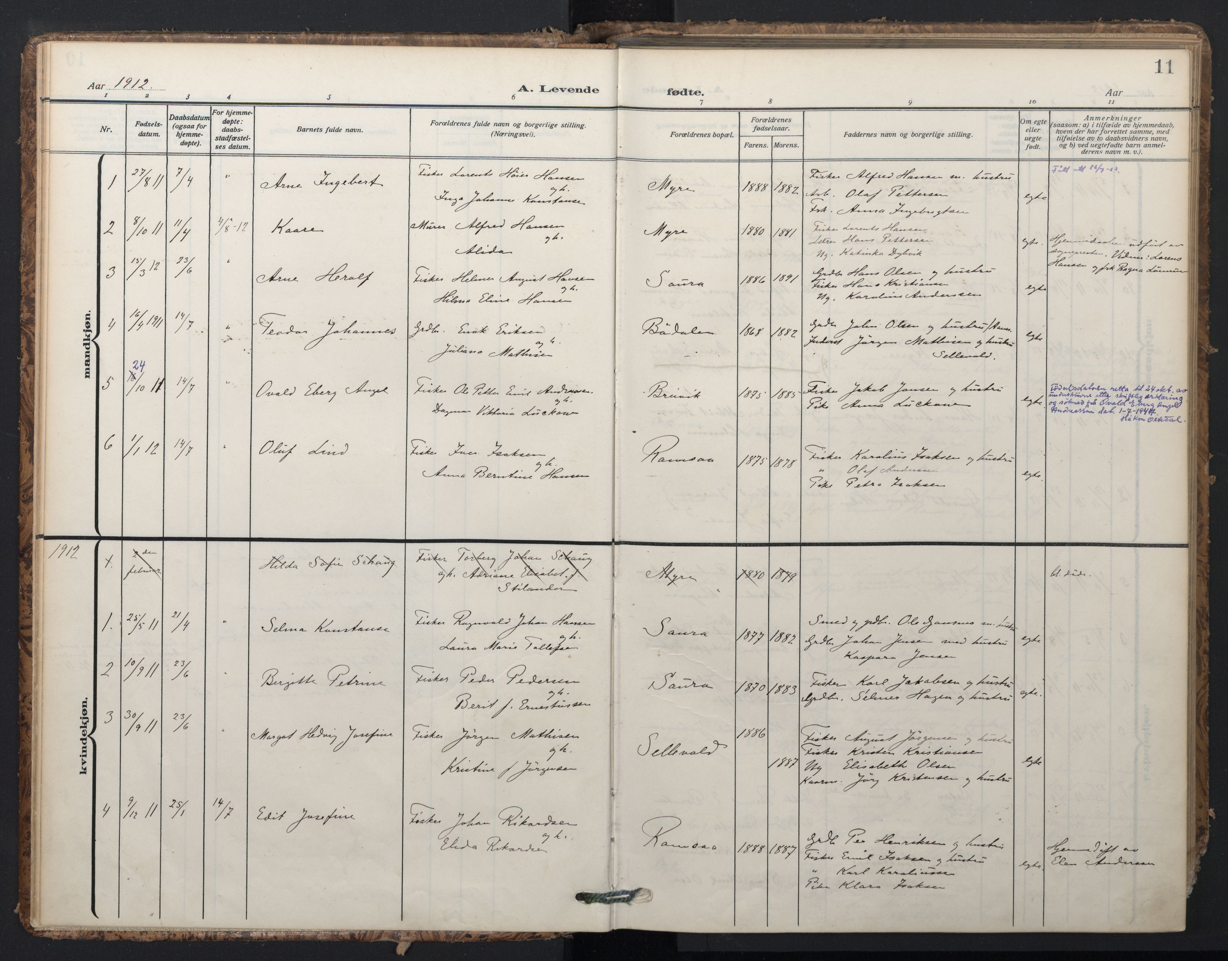 Ministerialprotokoller, klokkerbøker og fødselsregistre - Nordland, SAT/A-1459/897/L1401: Parish register (official) no. 897A08, 1909-1921, p. 11