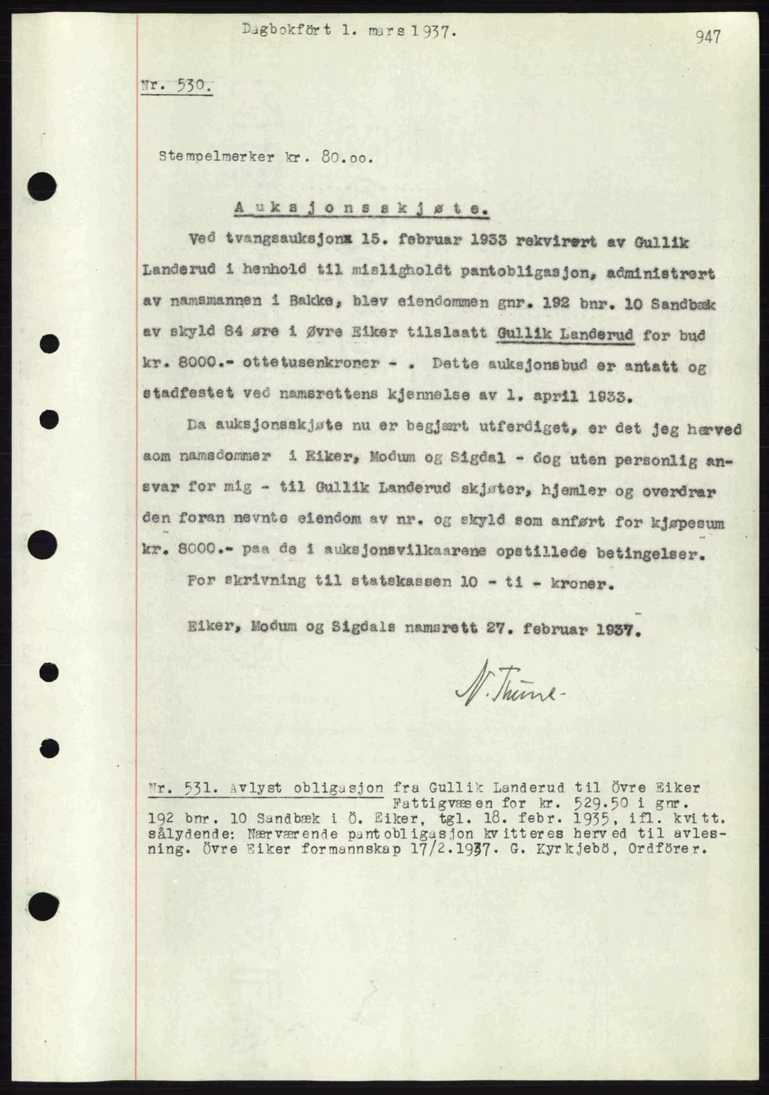 Eiker, Modum og Sigdal sorenskriveri, SAKO/A-123/G/Ga/Gab/L0034: Mortgage book no. A4, 1936-1937, Diary no: : 530/1937