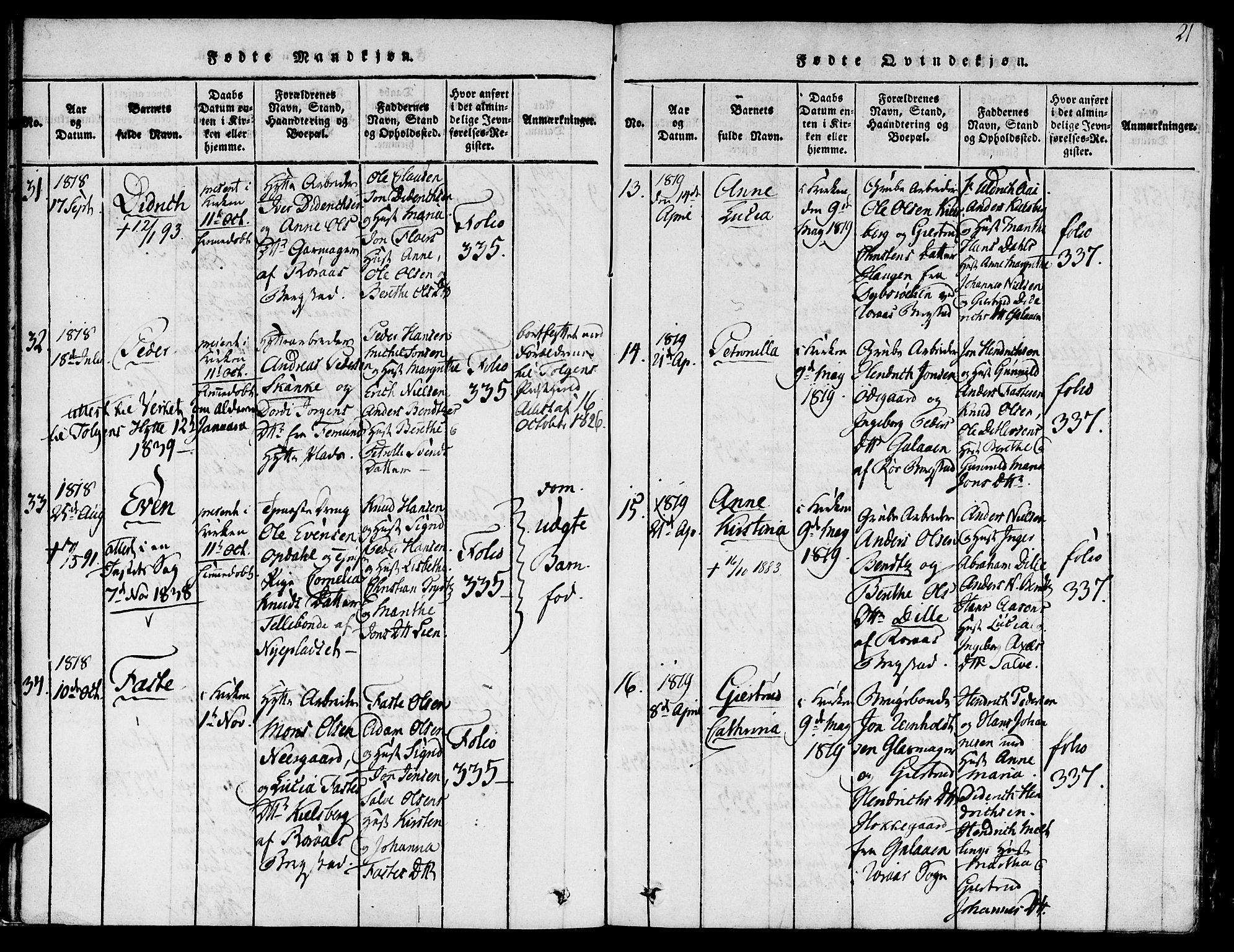 Ministerialprotokoller, klokkerbøker og fødselsregistre - Sør-Trøndelag, SAT/A-1456/681/L0929: Parish register (official) no. 681A07, 1817-1828, p. 21