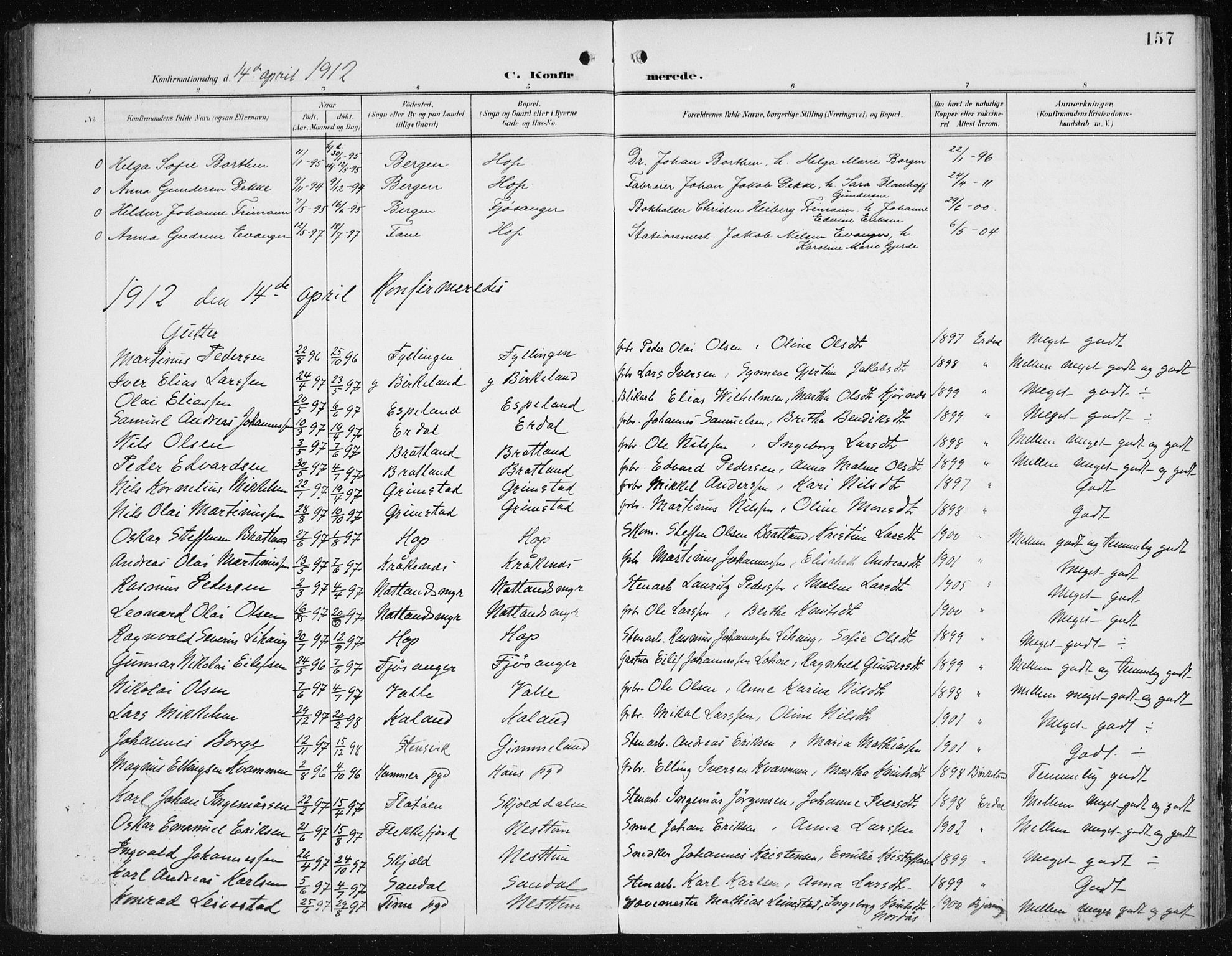 Fana Sokneprestembete, SAB/A-75101/H/Haa/Haai/L0003: Parish register (official) no. I 3, 1900-1912, p. 157