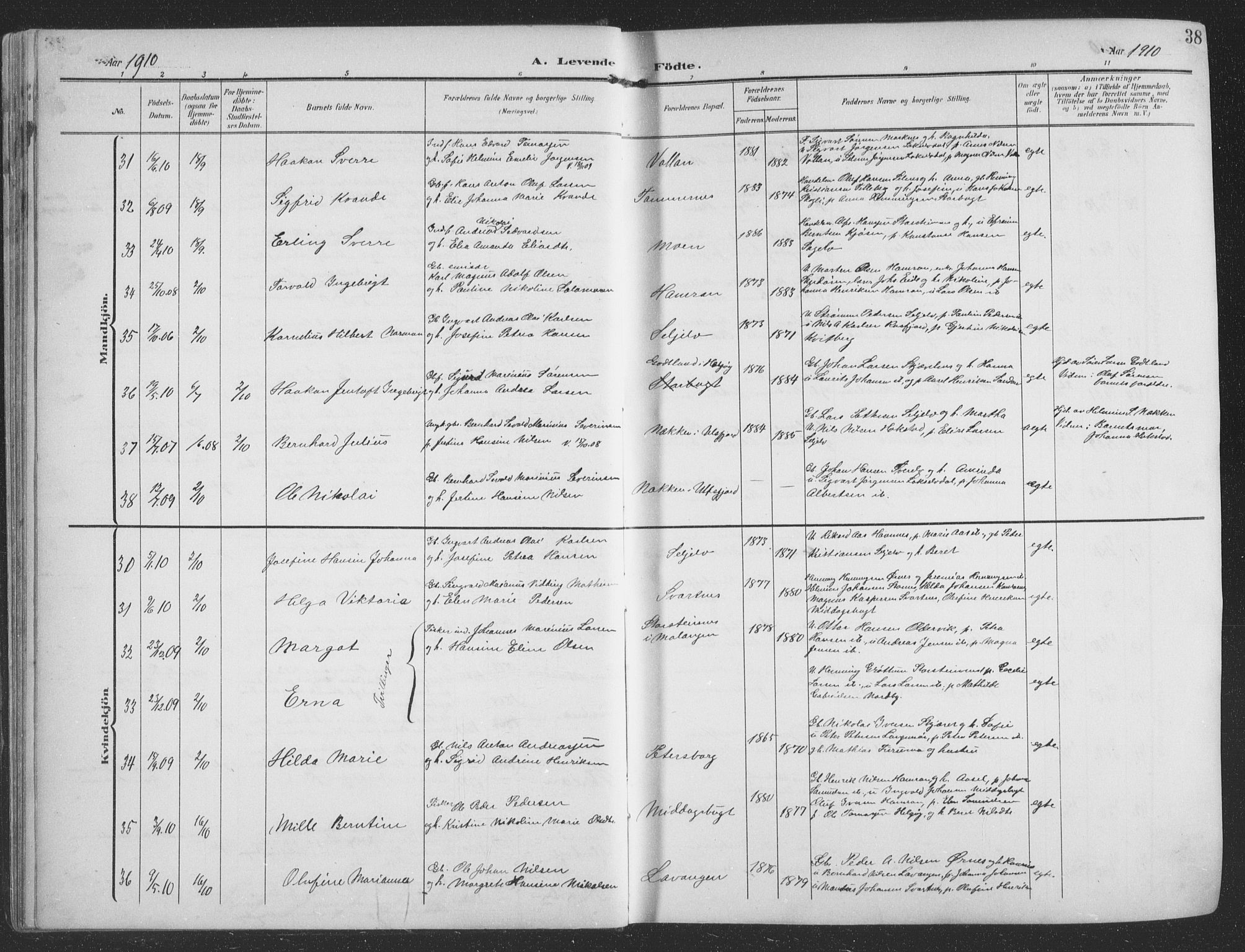 Balsfjord sokneprestembete, SATØ/S-1303/G/Ga/L0009klokker: Parish register (copy) no. 9, 1906-1920, p. 38