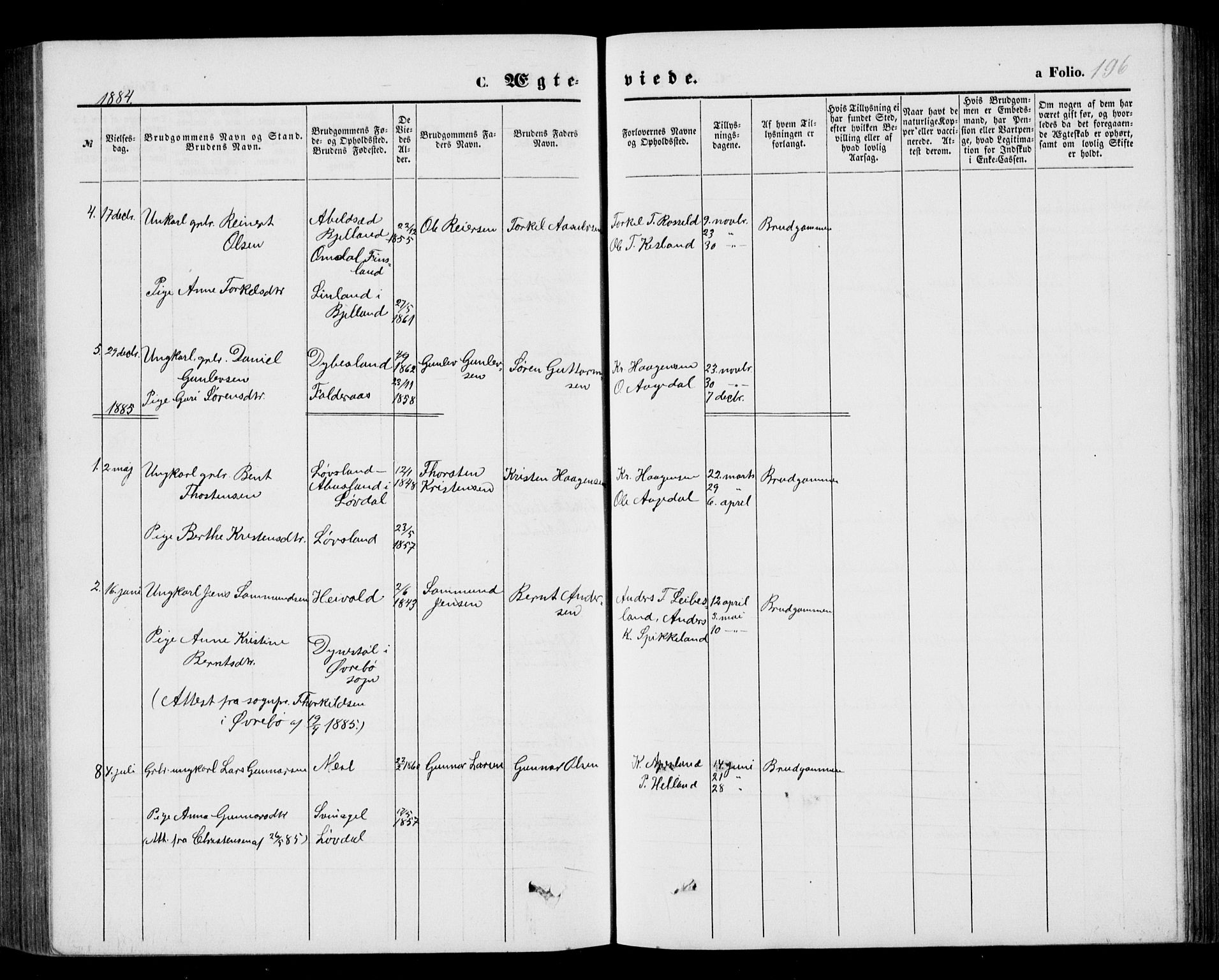 Bjelland sokneprestkontor, AV/SAK-1111-0005/F/Fb/Fbb/L0004: Parish register (copy) no. B 4, 1867-1887, p. 196