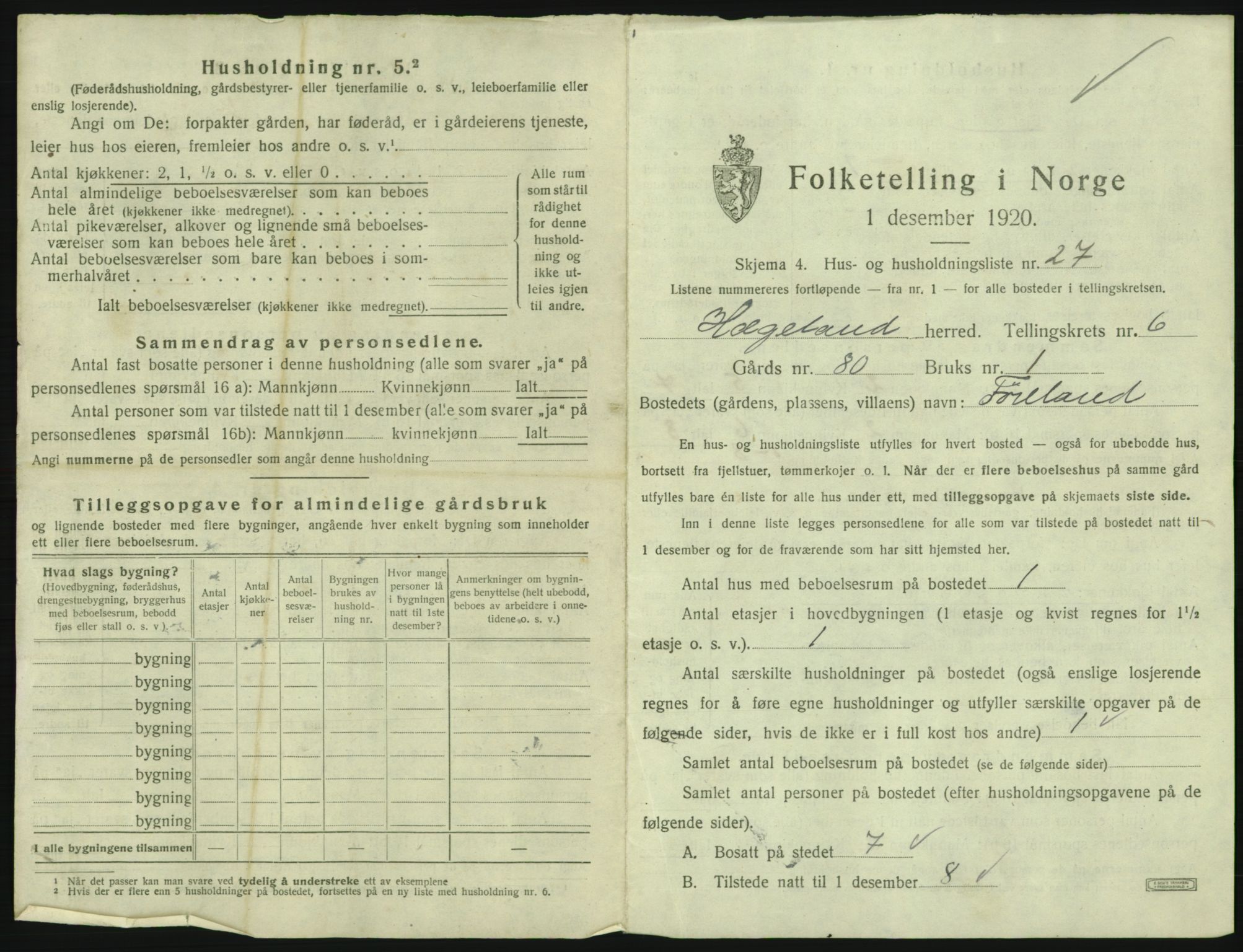 SAK, 1920 census for Hægeland, 1920, p. 391
