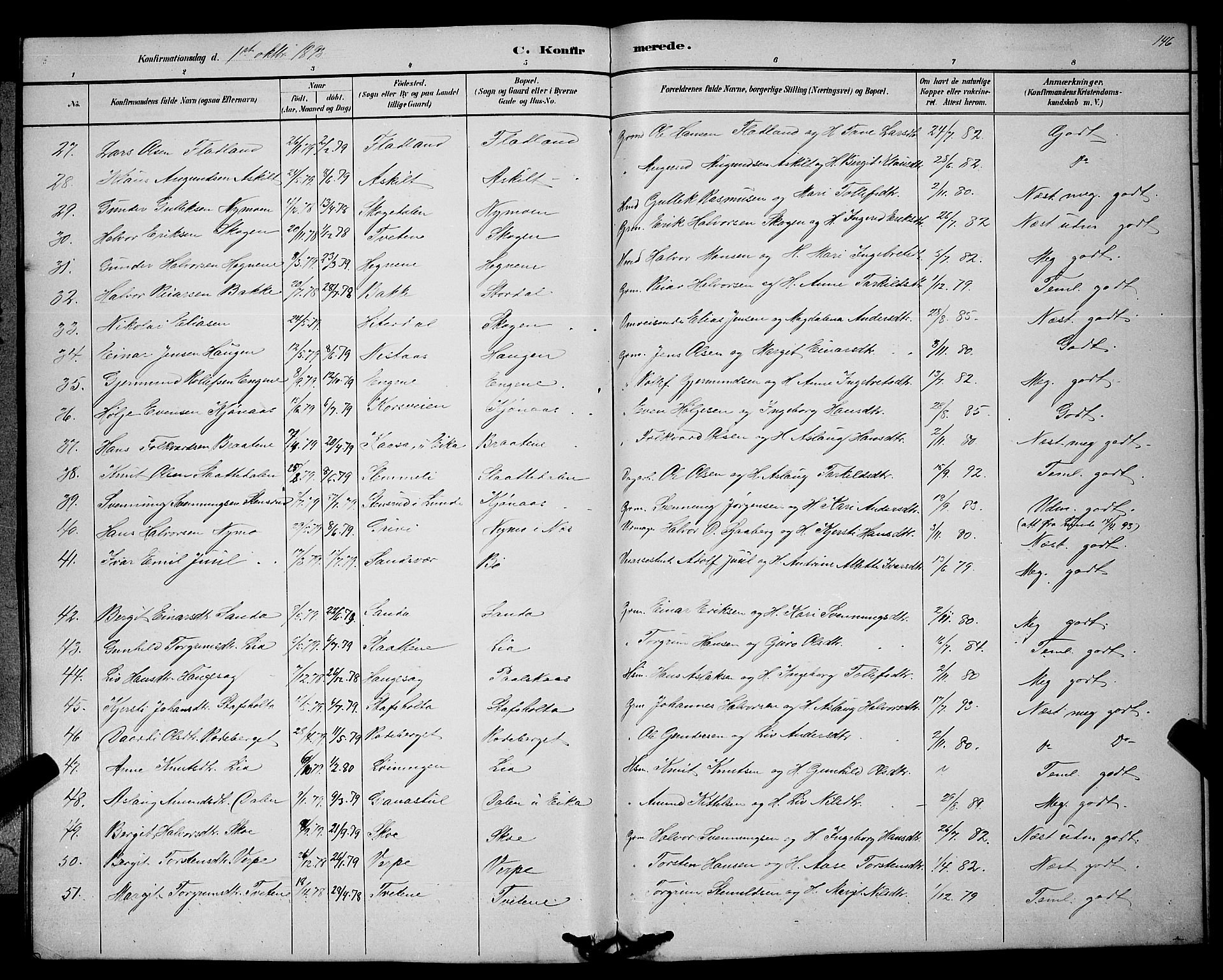 Bø kirkebøker, SAKO/A-257/G/Ga/L0005: Parish register (copy) no. 5, 1883-1897, p. 146