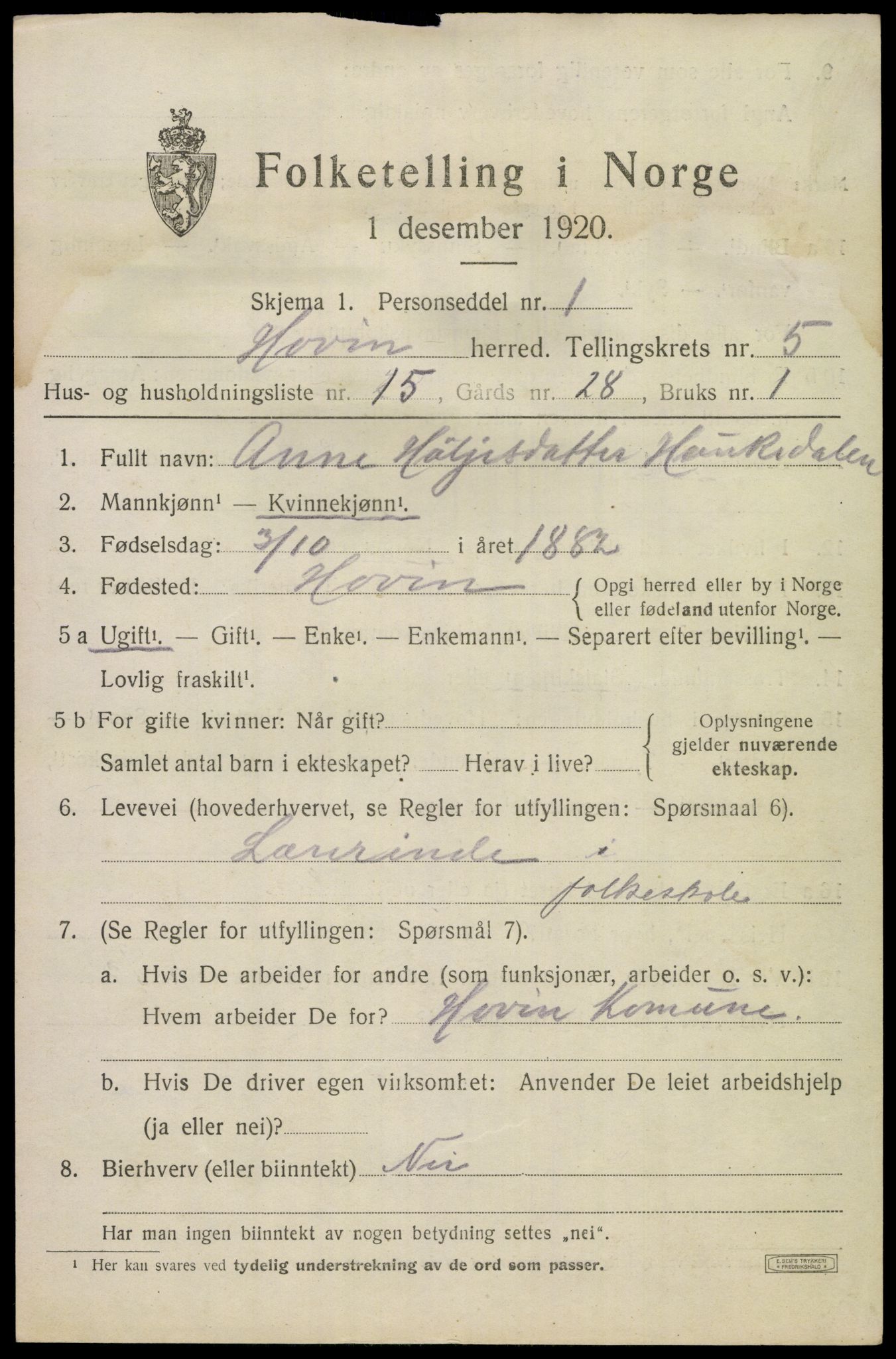 SAKO, 1920 census for Hovin, 1920, p. 1435