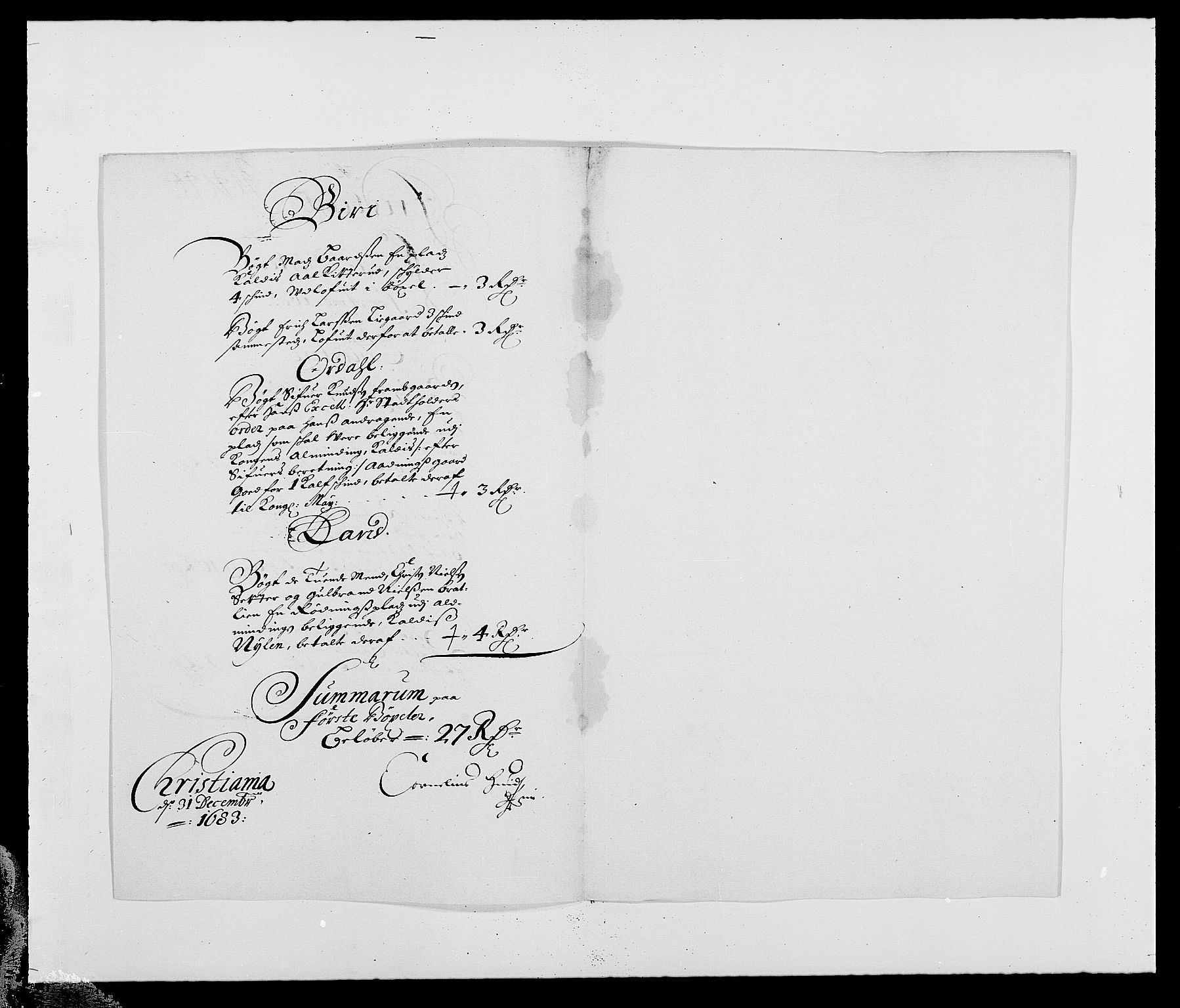 Rentekammeret inntil 1814, Reviderte regnskaper, Fogderegnskap, RA/EA-4092/R18/L1282: Fogderegnskap Hadeland, Toten og Valdres, 1683, p. 163