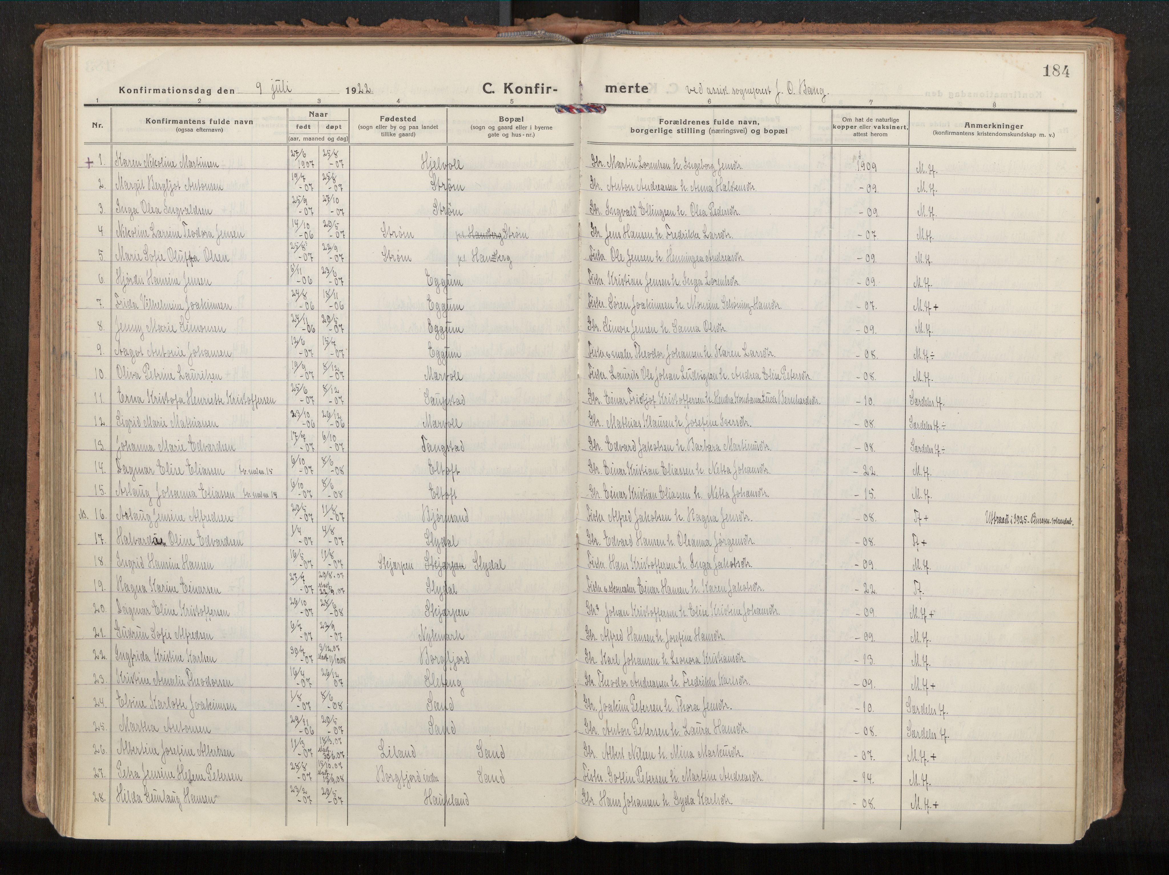 Ministerialprotokoller, klokkerbøker og fødselsregistre - Nordland, AV/SAT-A-1459/880/L1136: Parish register (official) no. 880A10, 1919-1927, p. 184