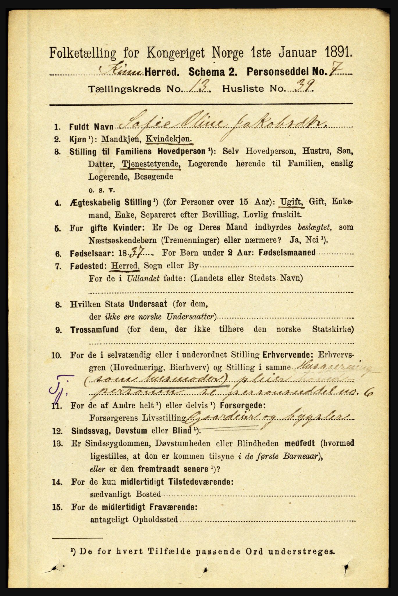 RA, 1891 census for 1437 Kinn, 1891, p. 5329