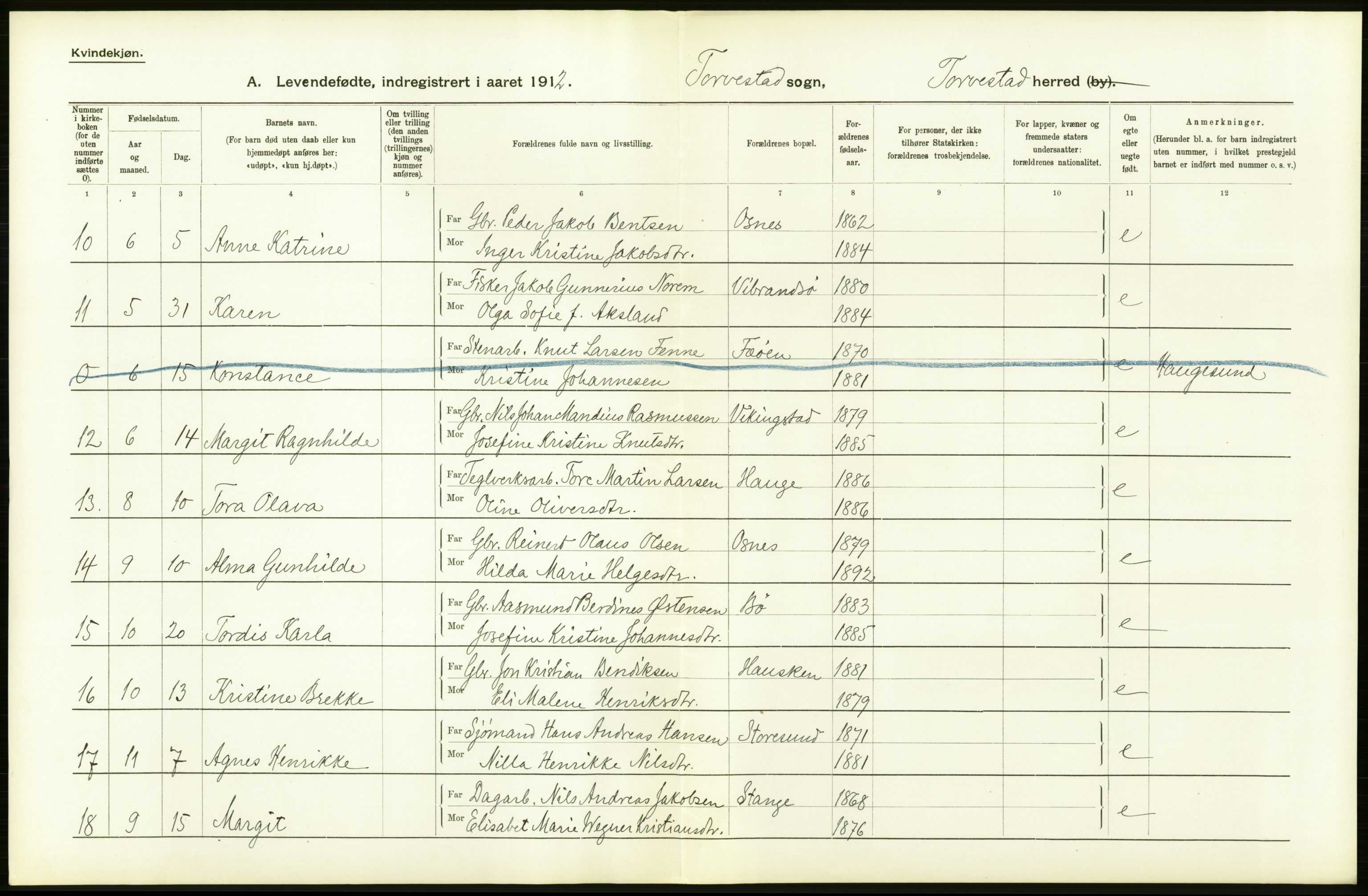 Statistisk sentralbyrå, Sosiodemografiske emner, Befolkning, AV/RA-S-2228/D/Df/Dfb/Dfbb/L0026: Stavanger amt: Levendefødte menn og kvinner. Bygder., 1912, p. 52