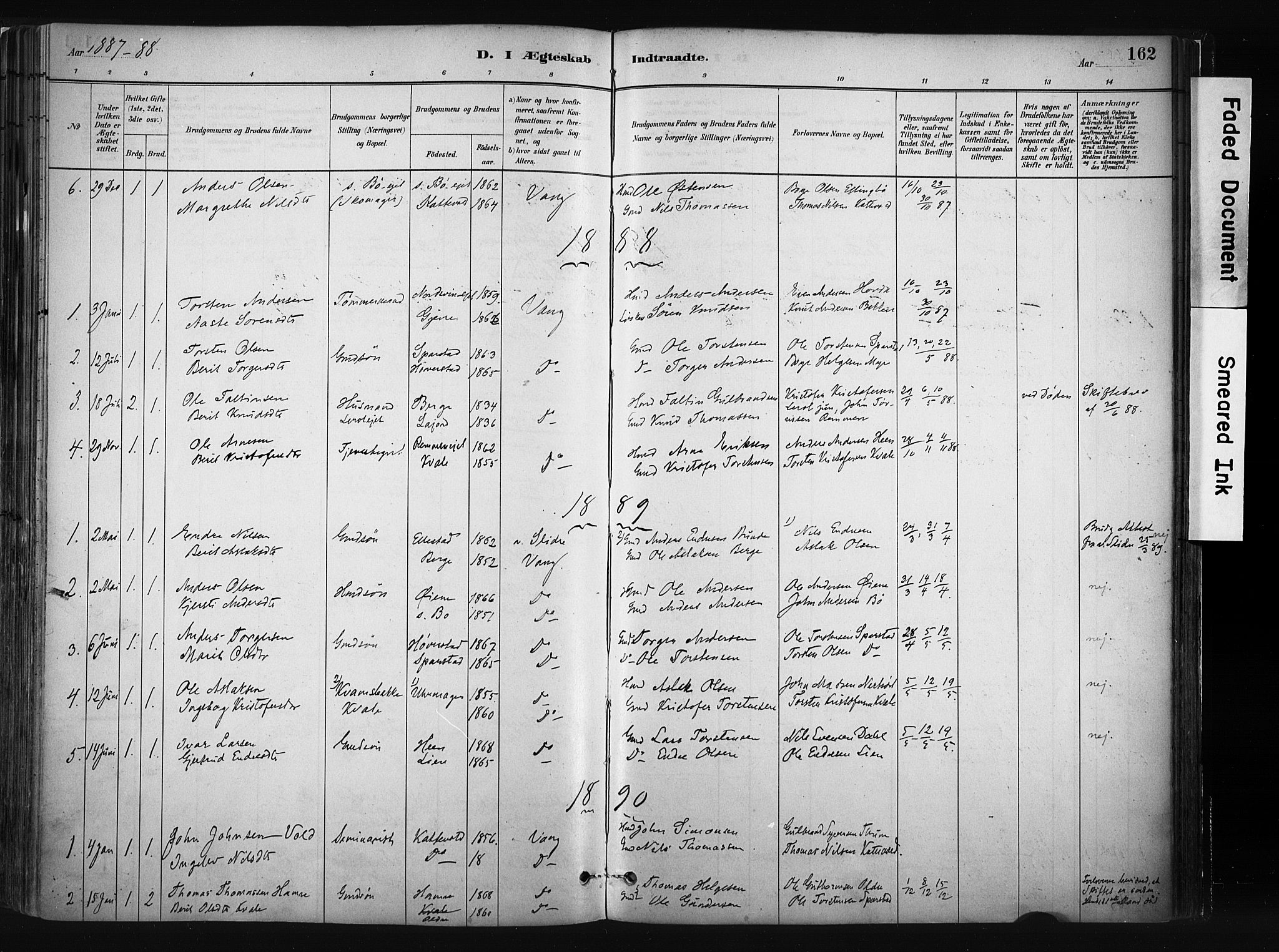 Vang prestekontor, Valdres, SAH/PREST-140/H/Ha/L0008: Parish register (official) no. 8, 1882-1910, p. 162