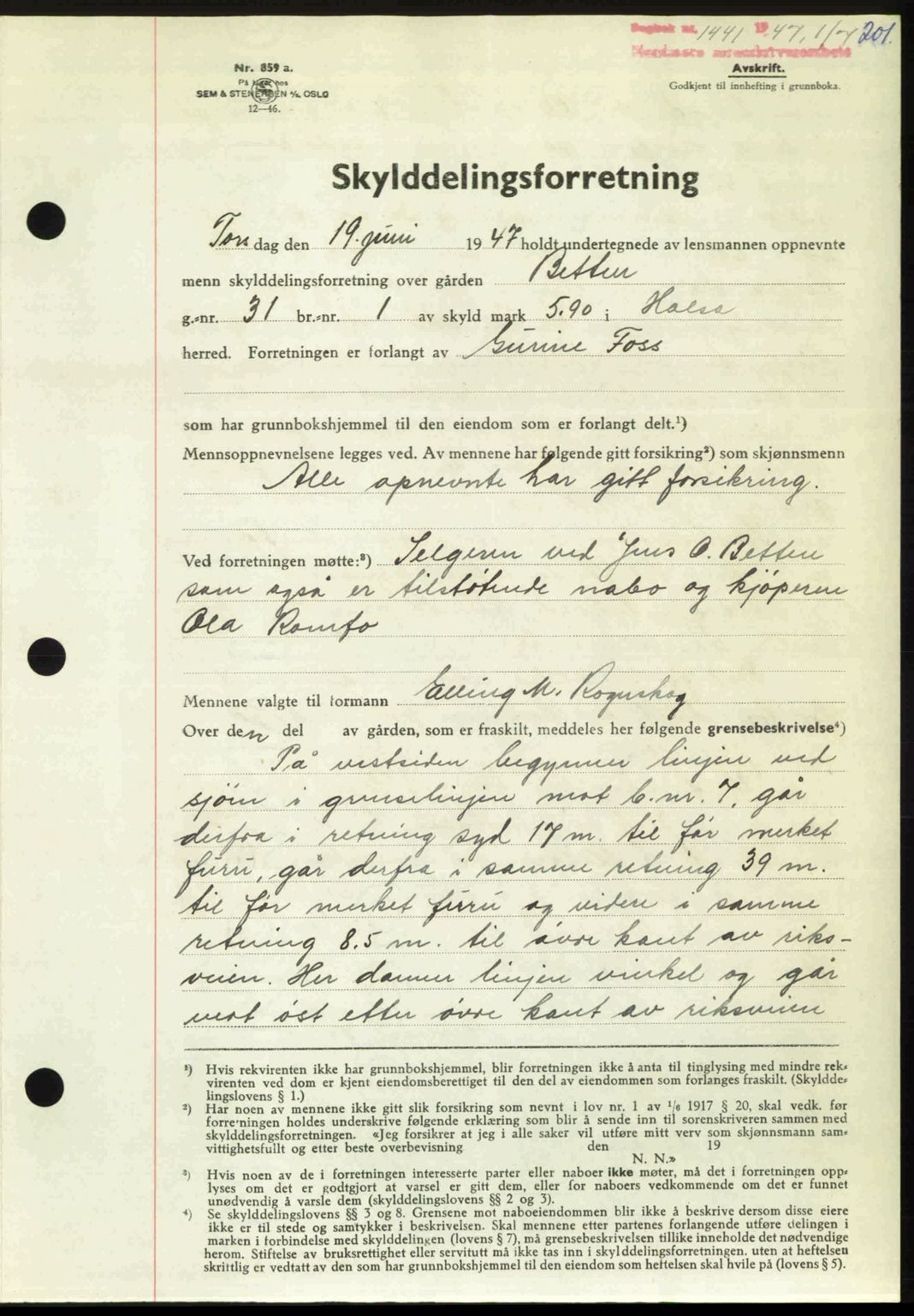 Nordmøre sorenskriveri, AV/SAT-A-4132/1/2/2Ca: Mortgage book no. A105, 1947-1947, Diary no: : 1441/1947