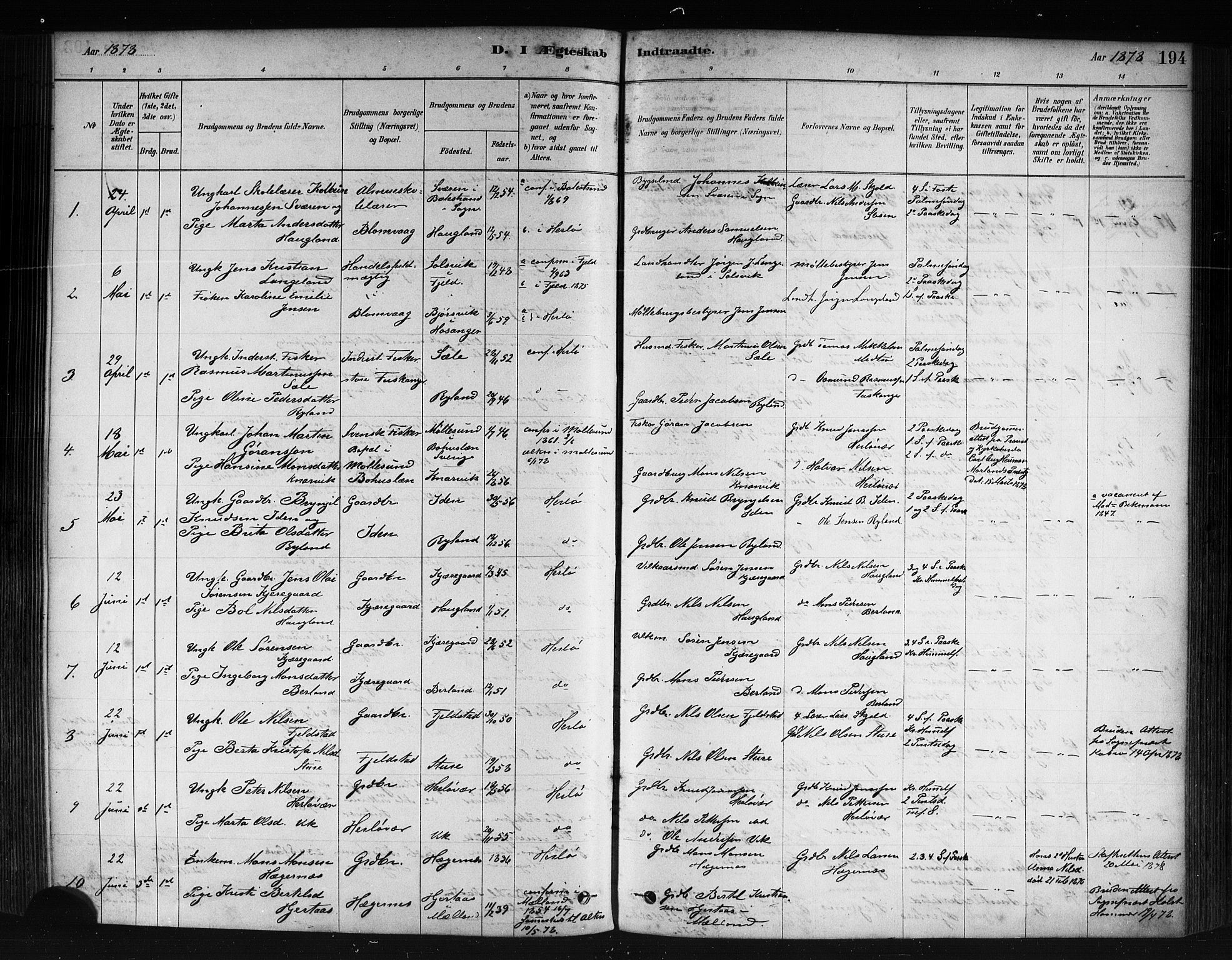 Herdla Sokneprestembete, AV/SAB-A-75701/H/Haa: Parish register (official) no. A 3, 1878-1890, p. 194