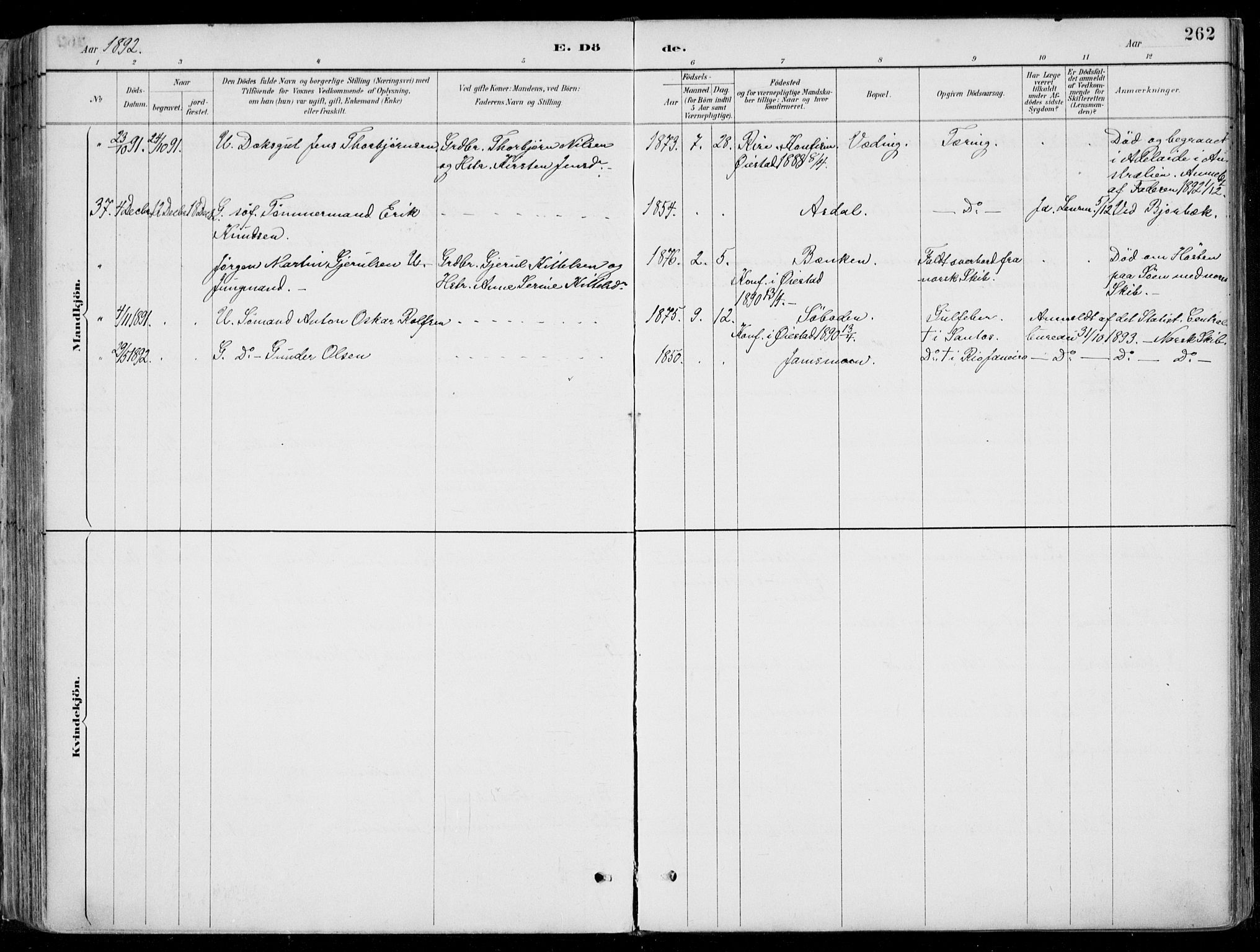 Øyestad sokneprestkontor, AV/SAK-1111-0049/F/Fa/L0017: Parish register (official) no. A 17, 1887-1896, p. 262