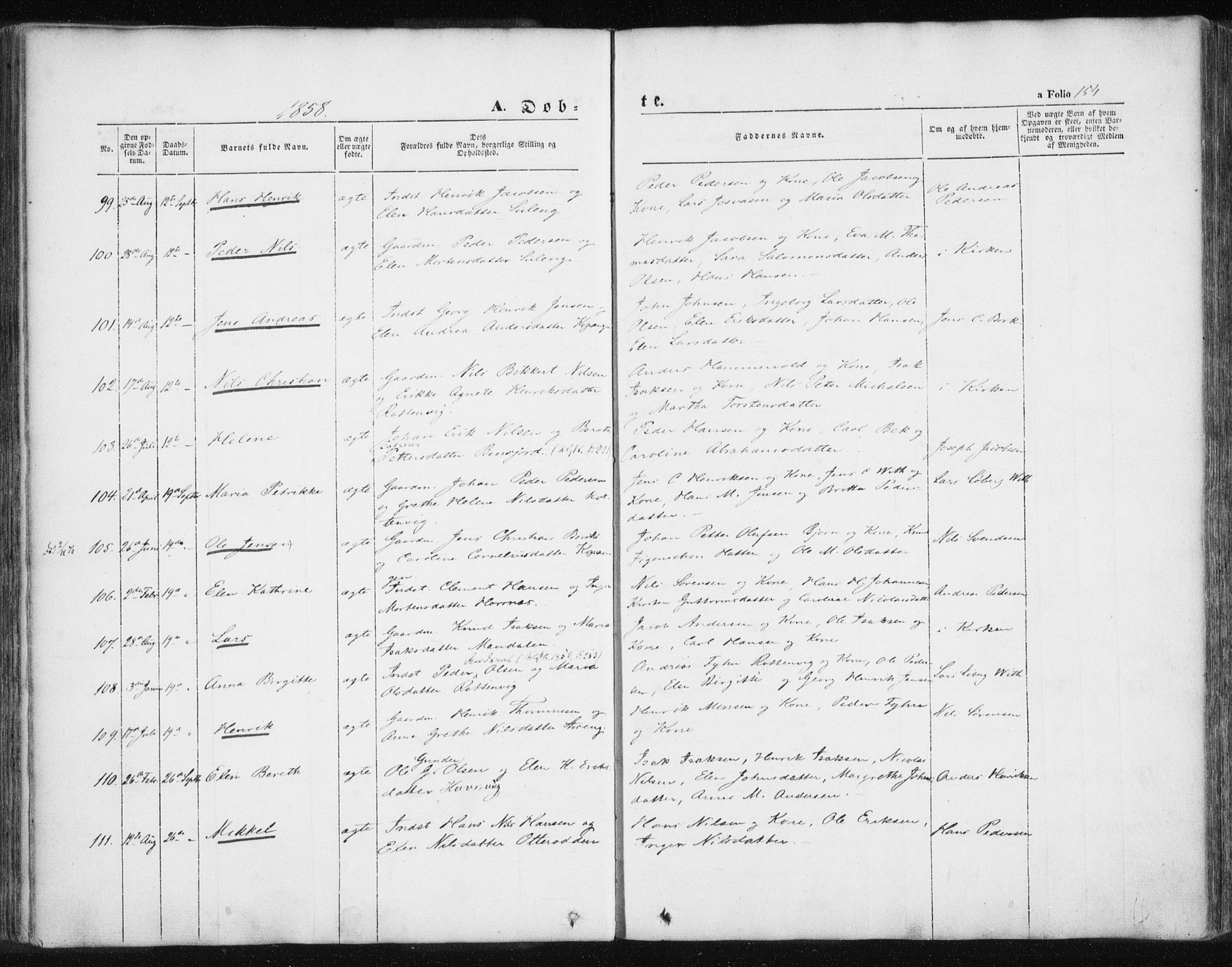 Lyngen sokneprestembete, SATØ/S-1289/H/He/Hea/L0004kirke: Parish register (official) no. 4, 1839-1858, p. 154