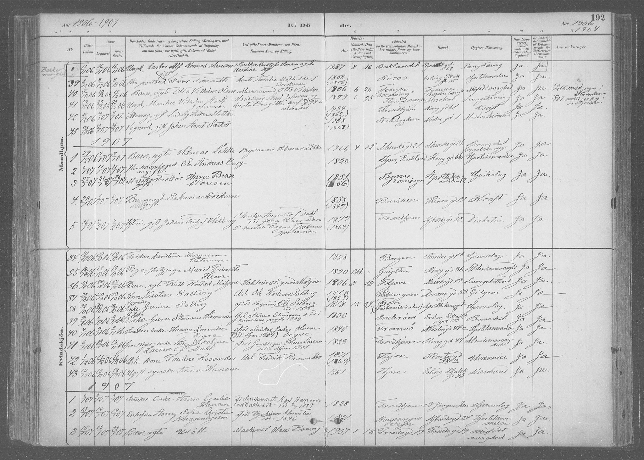 Ministerialprotokoller, klokkerbøker og fødselsregistre - Sør-Trøndelag, AV/SAT-A-1456/601/L0064: Parish register (official) no. 601A31, 1891-1911, p. 192