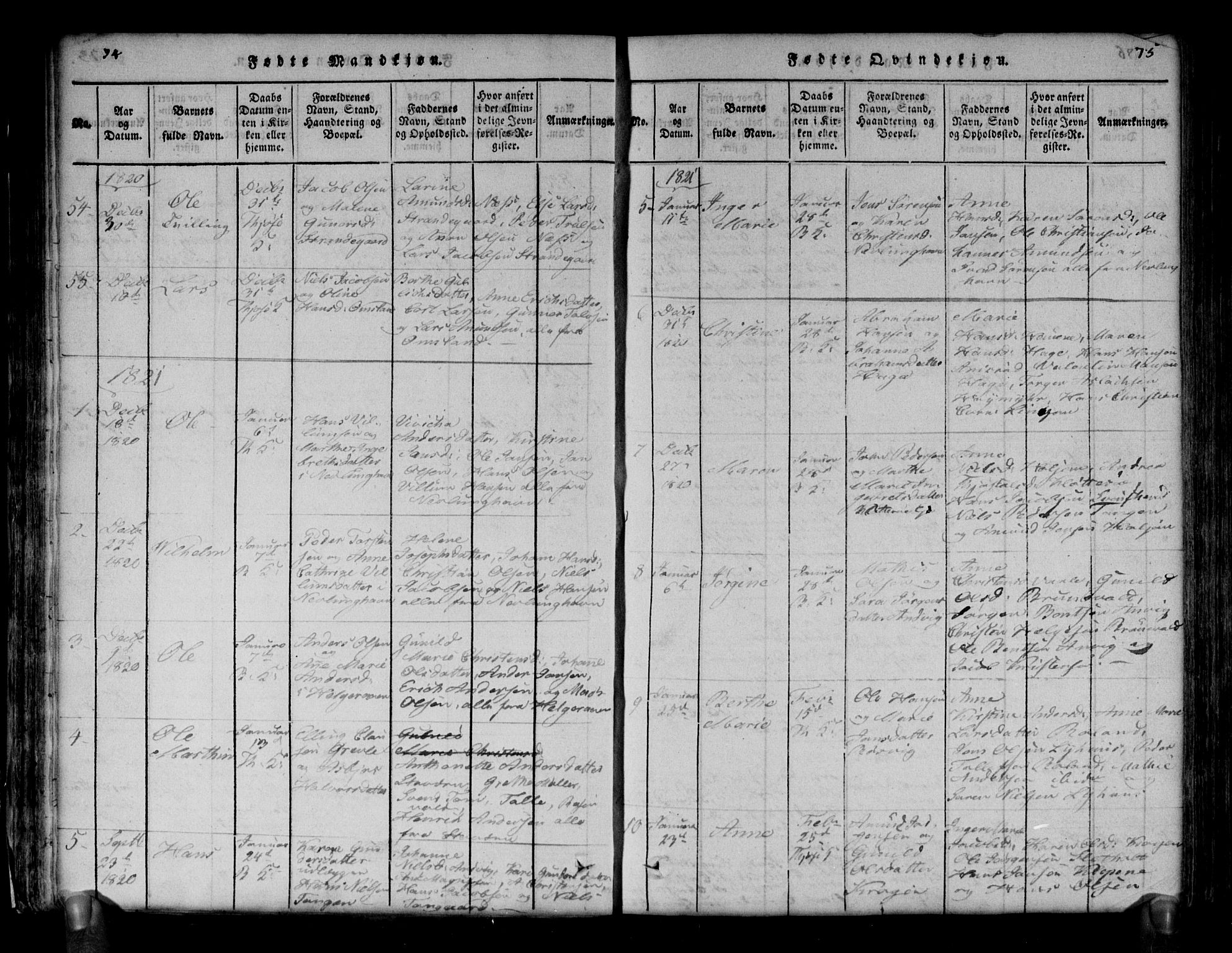 Brunlanes kirkebøker, AV/SAKO-A-342/G/Ga/L0001: Parish register (copy) no. I 1, 1814-1834, p. 74-75