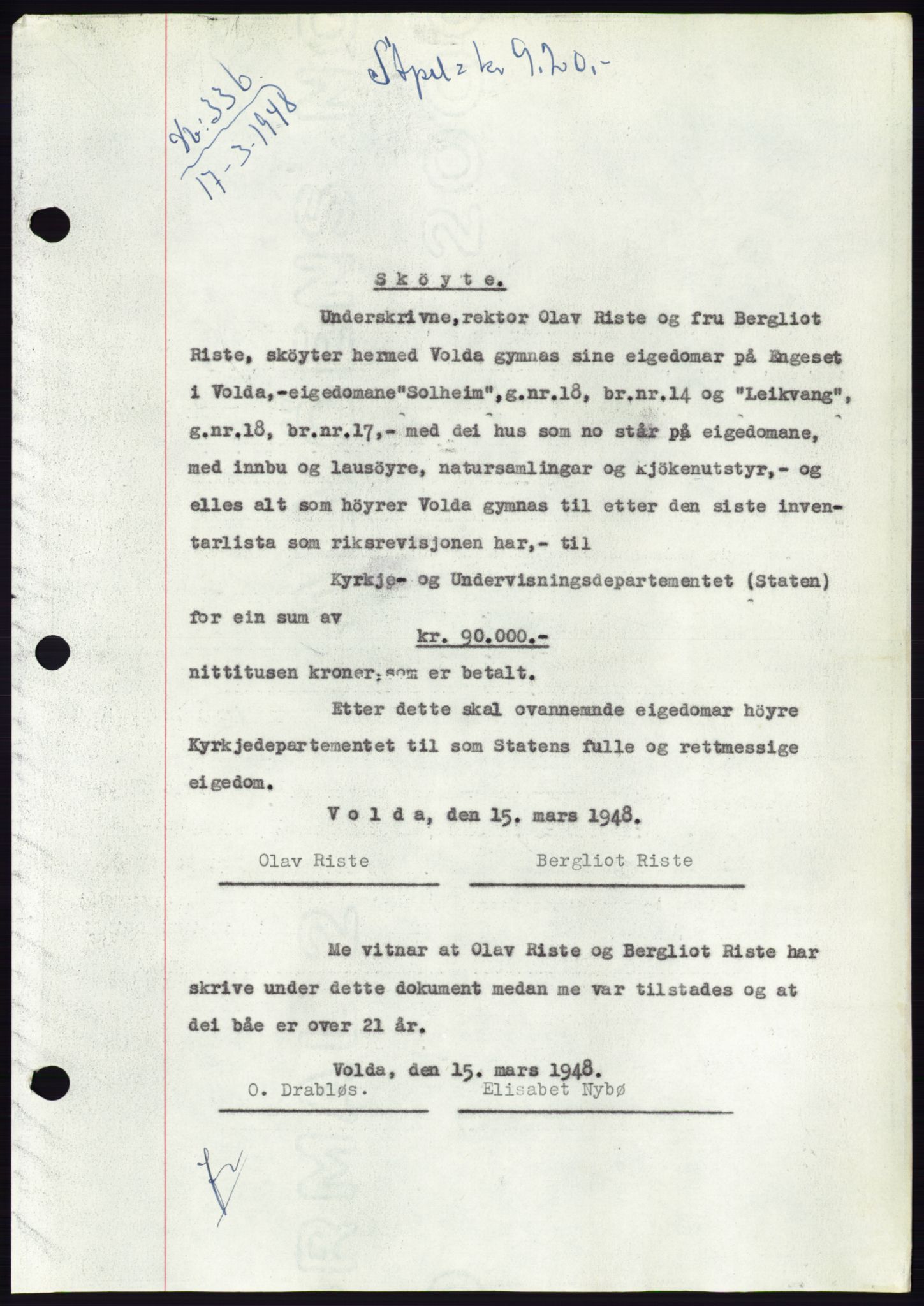 Søre Sunnmøre sorenskriveri, AV/SAT-A-4122/1/2/2C/L0082: Mortgage book no. 8A, 1948-1948, Diary no: : 336/1948