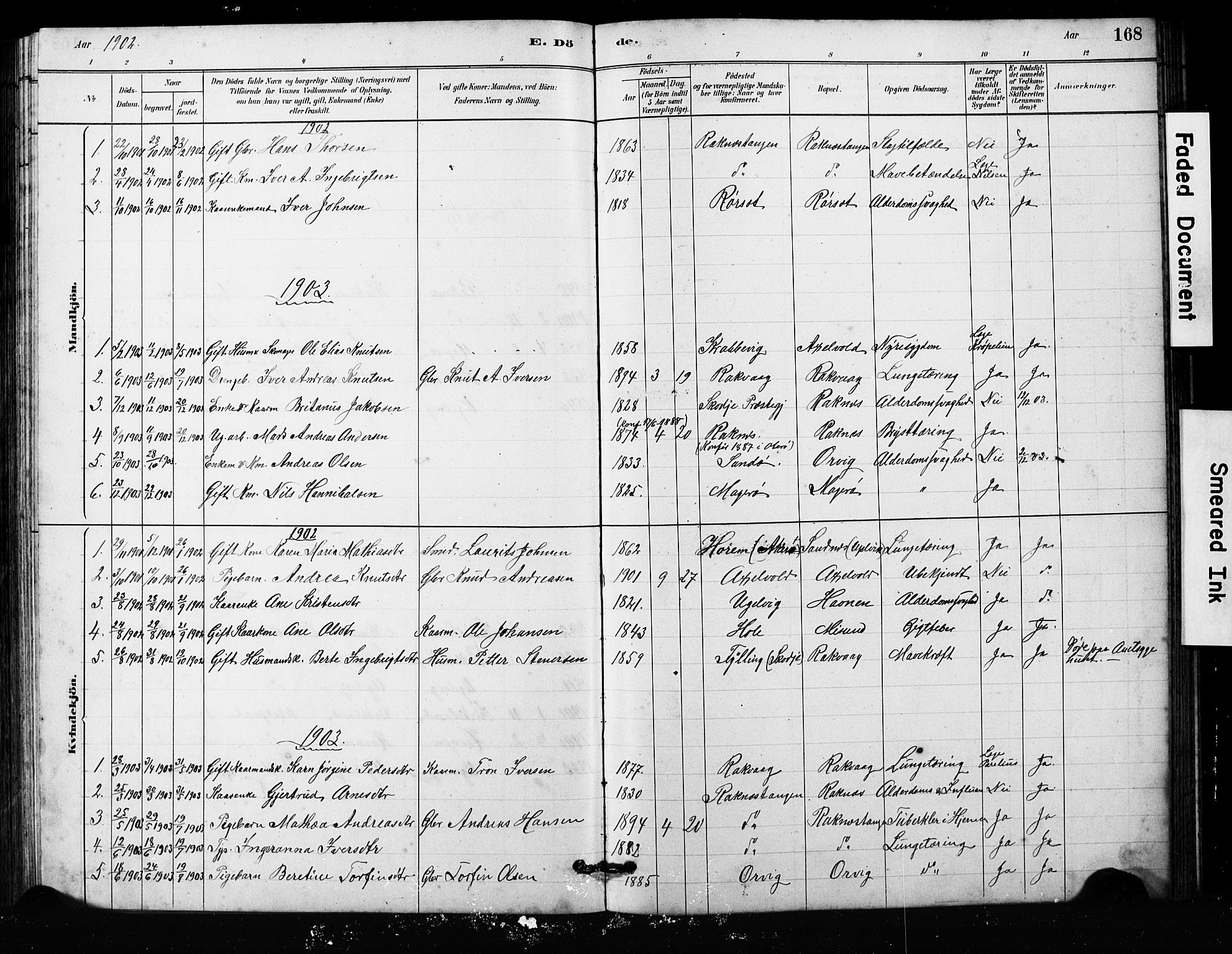 Ministerialprotokoller, klokkerbøker og fødselsregistre - Møre og Romsdal, SAT/A-1454/563/L0737: Parish register (copy) no. 563C01, 1878-1916, p. 168
