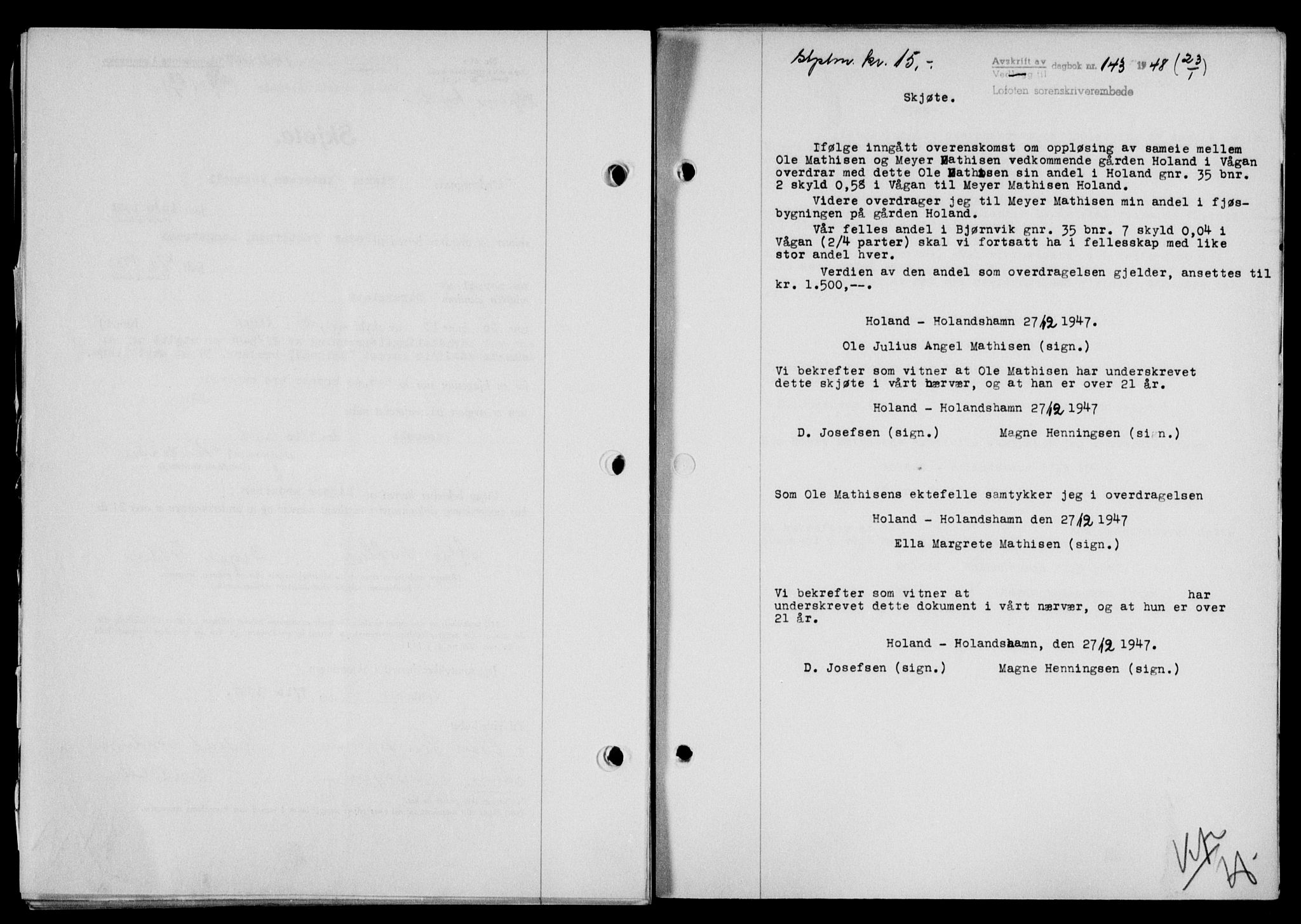 Lofoten sorenskriveri, SAT/A-0017/1/2/2C/L0017a: Mortgage book no. 17a, 1947-1948, Diary no: : 143/1948