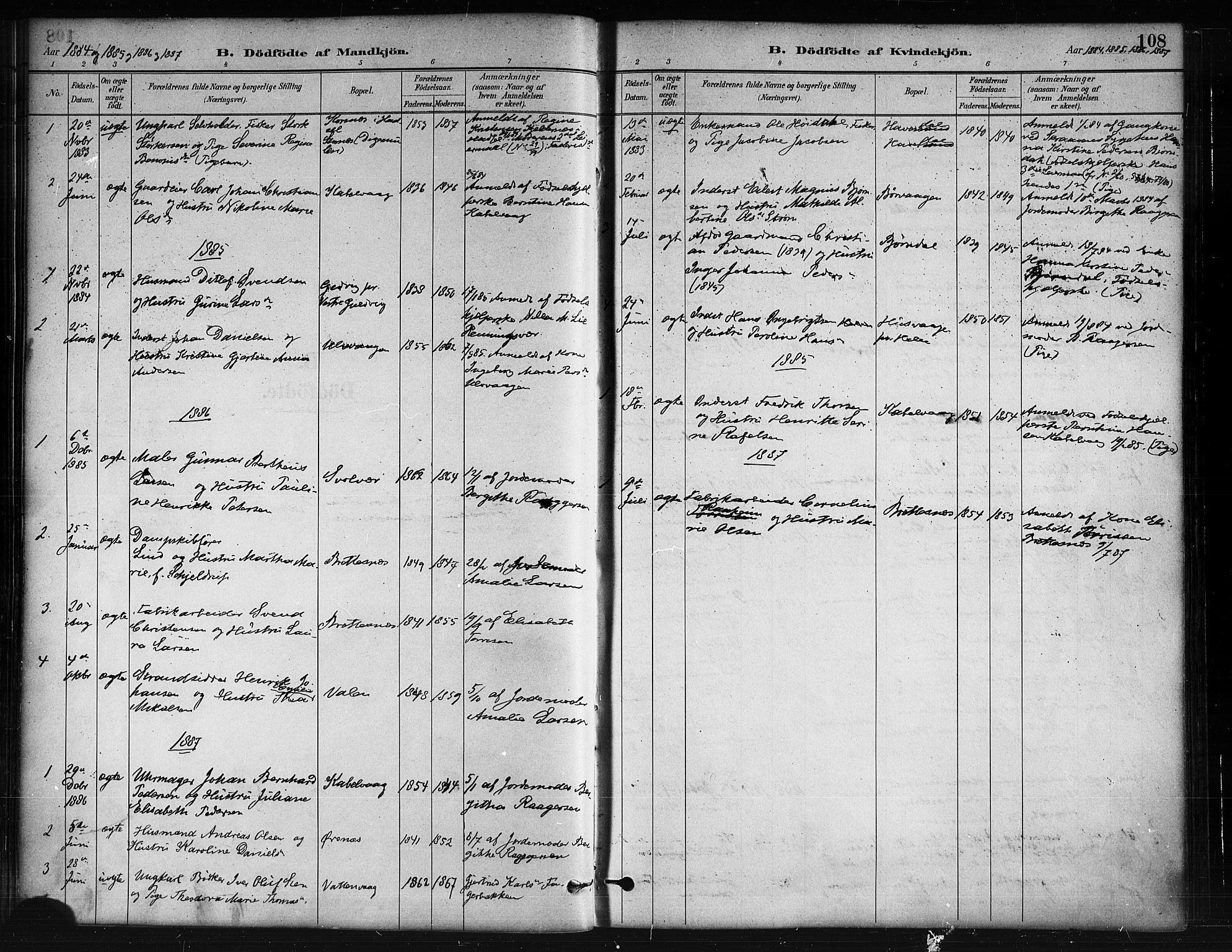 Ministerialprotokoller, klokkerbøker og fødselsregistre - Nordland, AV/SAT-A-1459/874/L1059: Parish register (official) no. 874A03, 1884-1890, p. 108