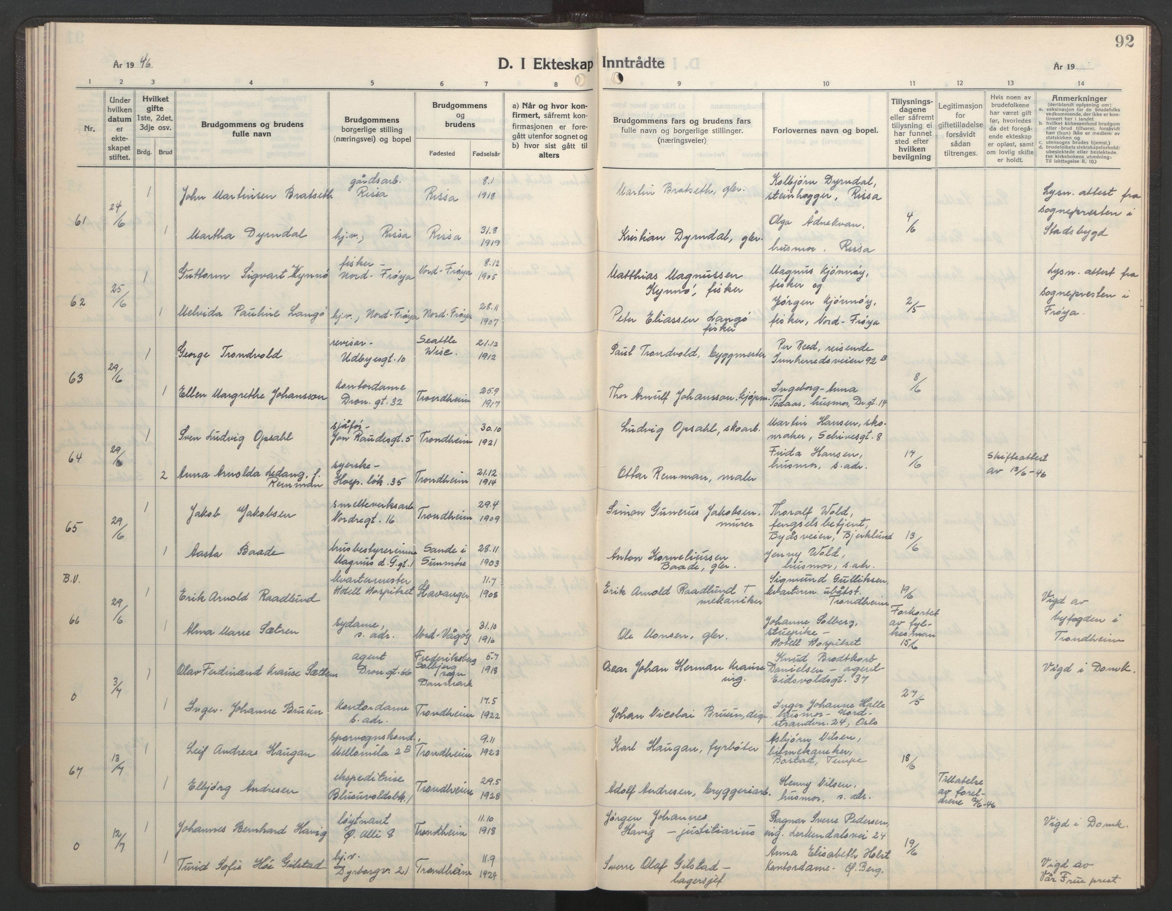 Ministerialprotokoller, klokkerbøker og fødselsregistre - Sør-Trøndelag, SAT/A-1456/602/L0154: Parish register (copy) no. 602C22, 1940-1947, p. 92